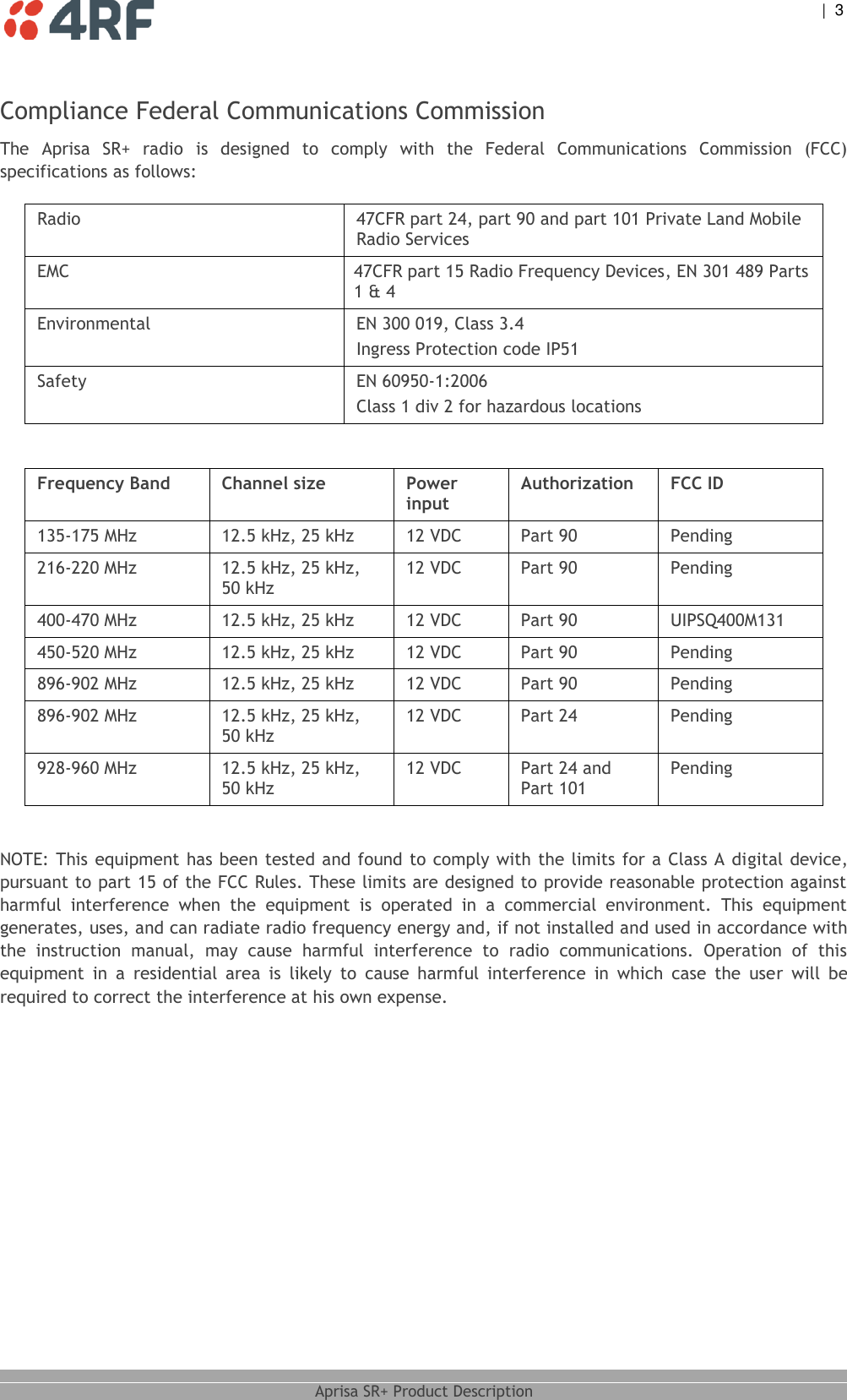  |  3   Aprisa SR+ Product Description  Compliance Federal Communications Commission The  Aprisa  SR+  radio  is  designed  to  comply  with  the  Federal  Communications  Commission  (FCC) specifications as follows:  Radio  47CFR part 24, part 90 and part 101 Private Land Mobile Radio Services EMC 47CFR part 15 Radio Frequency Devices, EN 301 489 Parts 1 &amp; 4 Environmental EN 300 019, Class 3.4 Ingress Protection code IP51 Safety EN 60950-1:2006 Class 1 div 2 for hazardous locations  Frequency Band Channel size Power input Authorization FCC ID 135-175 MHz 12.5 kHz, 25 kHz 12 VDC Part 90 Pending 50 kHz 400-470 MHz 12.5 kHz, 25 kHz 12 VDC Part 90 UIPSQ400M131 450-520 MHz 12.5 kHz, 25 kHz 12 VDC Part 90 Pending 896-902 MHz 12.5 kHz, 25 kHz 12 VDC Part 90 Pending 896-902 MHz 12.5 kHz, 25 kHz, 50 kHz 12 VDC Part 24 Pending 928-960 MHz 12.5 kHz, 25 kHz, 50 kHz 12 VDC Part 24 and Part 101 Pending   NOTE: This equipment has been tested and found to comply with the limits for a Class A digital device, pursuant to part 15 of the FCC Rules. These limits are designed to provide reasonable protection against harmful  interference  when  the  equipment  is  operated  in  a  commercial  environment.  This  equipment generates, uses, and can radiate radio frequency energy and, if not installed and used in accordance with the  instruction  manual,  may  cause  harmful  interference  to  radio  communications.  Operation  of  this equipment  in  a  residential  area  is  likely  to  cause  harmful  interference  in  which  case  the  user  will  be required to correct the interference at his own expense.  216-220 MHz 12.5 kHz, 25 kHz, 12 VDC Part 90 Pending 