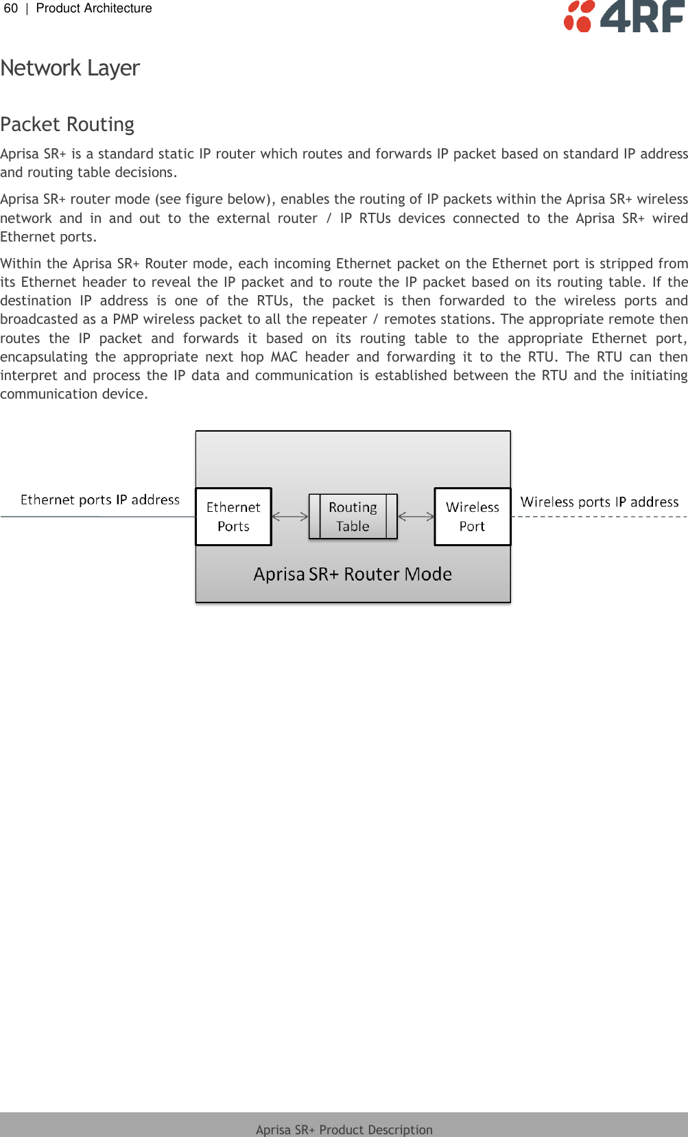 60  |  Product Architecture   Aprisa SR+ Product Description  Network Layer  Packet Routing Aprisa SR+ is a standard static IP router which routes and forwards IP packet based on standard IP address and routing table decisions.  Aprisa SR+ router mode (see figure below), enables the routing of IP packets within the Aprisa SR+ wireless network  and  in  and  out  to  the  external  router  /  IP  RTUs  devices  connected  to  the  Aprisa  SR+  wired Ethernet ports. Within the Aprisa SR+ Router mode, each incoming Ethernet packet on the Ethernet port is stripped from its Ethernet header to reveal the IP packet and to  route the IP packet based on its routing table. If  the destination  IP  address  is  one  of  the  RTUs,  the  packet  is  then  forwarded  to  the  wireless  ports  and broadcasted as a PMP wireless packet to all the repeater / remotes stations. The appropriate remote then routes  the  IP  packet  and  forwards  it  based  on  its  routing  table  to  the  appropriate  Ethernet  port, encapsulating  the  appropriate  next  hop  MAC  header  and  forwarding  it  to  the  RTU.  The  RTU  can  then interpret  and  process  the IP data  and communication  is  established  between the  RTU and  the initiating communication device.    