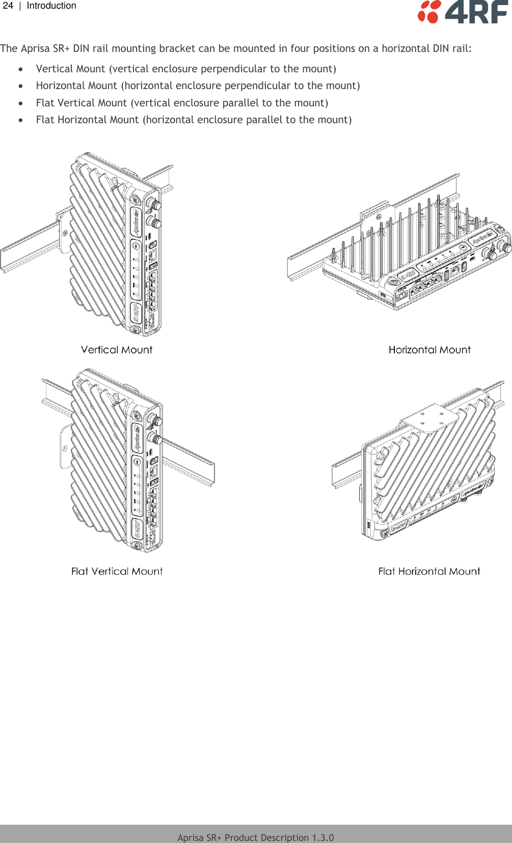 24  |  Introduction   Aprisa SR+ Product Description 1.3.0  The Aprisa SR+ DIN rail mounting bracket can be mounted in four positions on a horizontal DIN rail:  Vertical Mount (vertical enclosure perpendicular to the mount)  Horizontal Mount (horizontal enclosure perpendicular to the mount)  Flat Vertical Mount (vertical enclosure parallel to the mount)  Flat Horizontal Mount (horizontal enclosure parallel to the mount)    