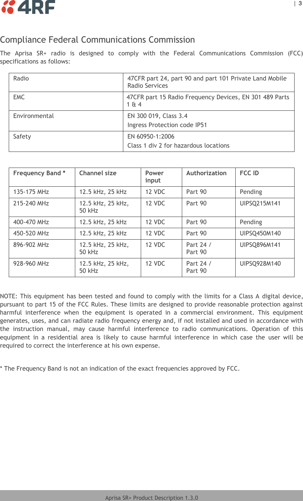  |  3   Aprisa SR+ Product Description 1.3.0  Compliance Federal Communications Commission The  Aprisa  SR+  radio  is  designed  to  comply  with  the  Federal  Communications  Commission  (FCC) specifications as follows:  Radio  47CFR part 24, part 90 and part 101 Private Land Mobile Radio Services EMC 47CFR part 15 Radio Frequency Devices, EN 301 489 Parts 1 &amp; 4 Environmental EN 300 019, Class 3.4 Ingress Protection code IP51 Safety EN 60950-1:2006 Class 1 div 2 for hazardous locations  Frequency Band * Channel size Power input Authorization FCC ID 135-175 MHz 12.5 kHz, 25 kHz 12 VDC Part 90 Pending 215-240 MHz 12.5 kHz, 25 kHz, 50 kHz 12 VDC Part 90 UIPSQ215M141 450-520 MHz 12.5 kHz, 25 kHz 12 VDC Part 90 UIPSQ450M140 896-902 MHz 12.5 kHz, 25 kHz, 50 kHz 12 VDC Part 24 / Part 90 UIPSQ896M141 928-960 MHz 12.5 kHz, 25 kHz, 50 kHz 12 VDC Part 24 / Part 90 UIPSQ928M140   NOTE: This equipment has been tested and found to comply with the limits for a Class A digital device, pursuant to part 15 of the FCC Rules. These limits are designed to provide reasonable protection against harmful  interference  when  the  equipment  is  operated  in  a  commercial  environment.  This  equipment generates, uses, and can radiate radio frequency energy and, if not installed and used in accordance with the  instruction  manual,  may  cause  harmful  interference  to  radio  communications.  Operation  of  this equipment  in  a  residential  area  is  likely  to  cause  harmful  interference  in  which  case  the  user  will  be required to correct the interference at his own expense.  * The Frequency Band is not an indication of the exact frequencies approved by FCC.  400-470 MHz 12.5 kHz, 25 kHz 12 VDC Part 90 Pending