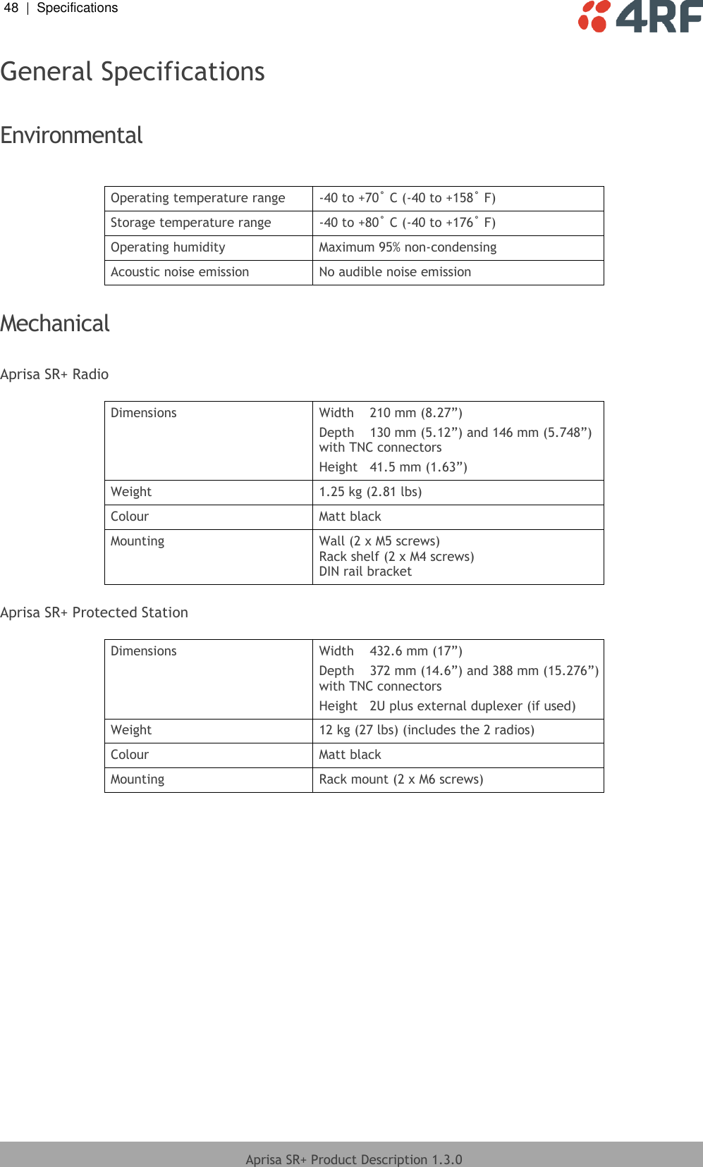 48  |  Specifications   Aprisa SR+ Product Description 1.3.0  General Specifications  Environmental  Operating temperature range -40 to +70˚ C (-40 to +158˚ F) Storage temperature range -40 to +80˚ C (-40 to +176˚ F) Operating humidity Maximum 95% non-condensing Acoustic noise emission No audible noise emission  Mechanical  Aprisa SR+ Radio  Dimensions Width  210 mm (8.27”) Depth  130 mm (5.12”) and 146 mm (5.748”) with TNC connectors Height  41.5 mm (1.63”) Weight 1.25 kg (2.81 lbs) Colour Matt black Mounting Wall (2 x M5 screws) Rack shelf (2 x M4 screws) DIN rail bracket  Aprisa SR+ Protected Station  Dimensions Width  432.6 mm (17”) Depth  372 mm (14.6”) and 388 mm (15.276”) with TNC connectors Height  2U plus external duplexer (if used) Weight 12 kg (27 lbs) (includes the 2 radios)  Colour Matt black Mounting Rack mount (2 x M6 screws)  