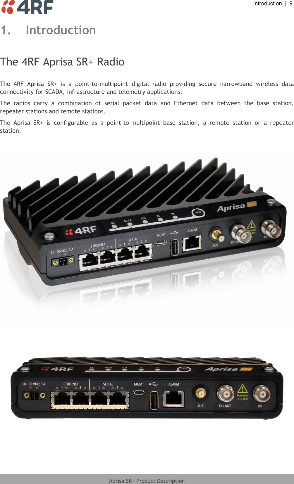  Introduction  |  9  Aprisa SR+ Product Description  1. Introduction  The 4RF Aprisa SR+ Radio  The  4RF  Aprisa  SR+  is  a  point-to-multipoint  digital  radio  providing  secure  narrowband  wireless  data connectivity for SCADA, infrastructure and telemetry applications. The  radios  carry  a  combination  of  serial  packet  data  and  Ethernet  data  between  the  base  station, repeater stations and remote stations. The  Aprisa  SR+  is  configurable  as  a  point-to-multipoint  base  station,  a  remote  station  or  a  repeater station.         