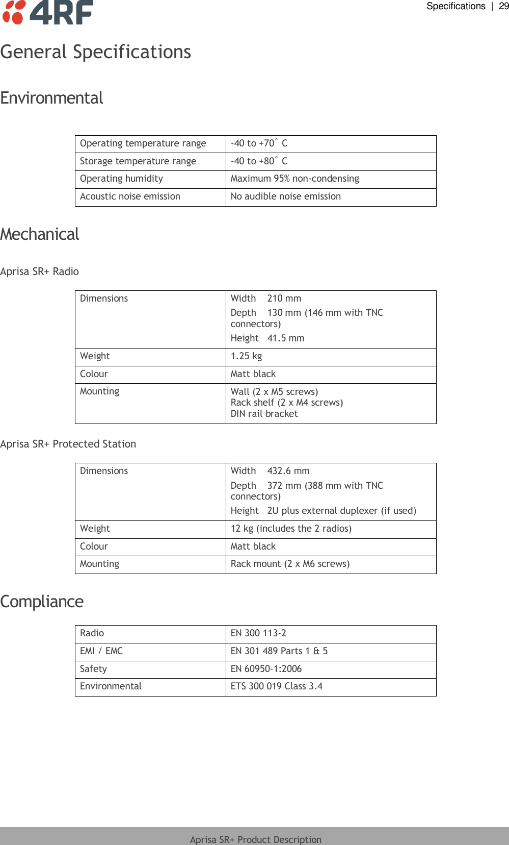  Specifications  |  29  Aprisa SR+ Product Description  General Specifications  Environmental  Operating temperature range -40 to +70˚ C Storage temperature range -40 to +80˚ C Operating humidity Maximum 95% non-condensing Acoustic noise emission No audible noise emission  Mechanical  Aprisa SR+ Radio  Dimensions Width  210 mm Depth  130 mm (146 mm with TNC connectors) Height  41.5 mm Weight 1.25 kg Colour Matt black Mounting Wall (2 x M5 screws) Rack shelf (2 x M4 screws) DIN rail bracket  Aprisa SR+ Protected Station  Dimensions Width  432.6 mm Depth  372 mm (388 mm with TNC connectors) Height  2U plus external duplexer (if used) Weight 12 kg (includes the 2 radios) Colour Matt black Mounting Rack mount (2 x M6 screws)  Compliance  Radio EN 300 113-2 EMI / EMC EN 301 489 Parts 1 &amp; 5 Safety EN 60950-1:2006 Environmental ETS 300 019 Class 3.4  