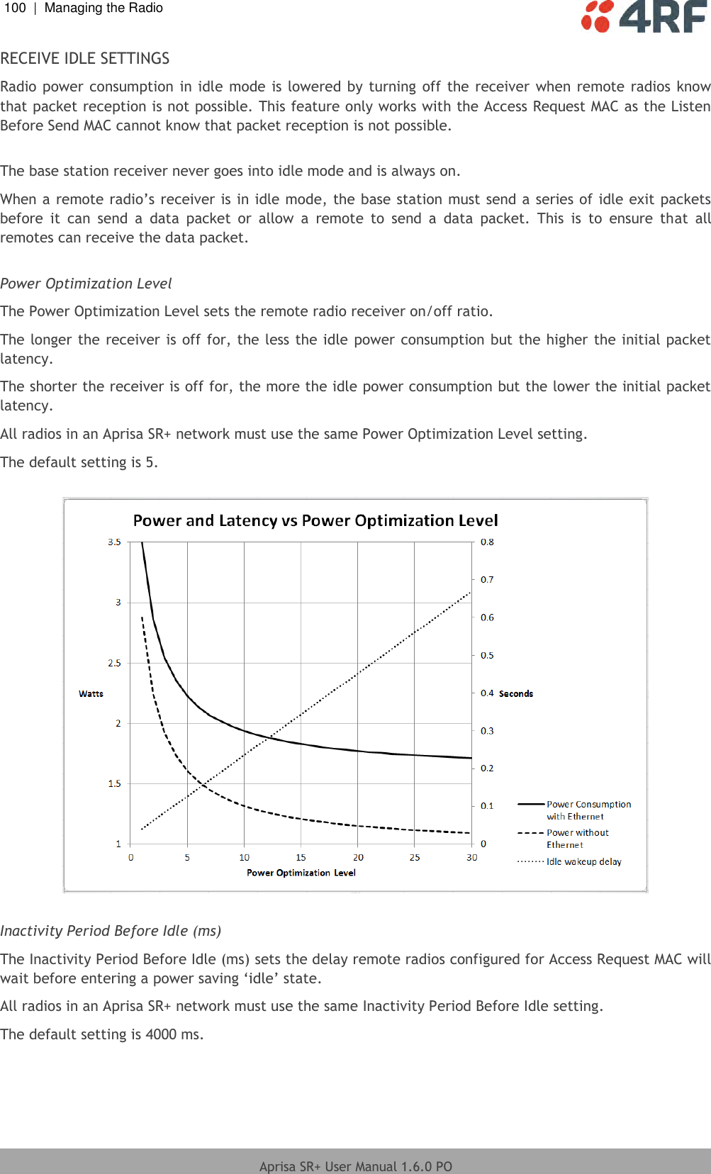 100  |  Managing the Radio   Aprisa SR+ User Manual 1.6.0 PO  RECEIVE IDLE SETTINGS Radio power consumption  in idle mode is lowered by turning off the receiver when remote radios know that packet reception is not possible. This feature only works with the Access Request MAC as the Listen Before Send MAC cannot know that packet reception is not possible.  The base station receiver never goes into idle mode and is always on. When a remote radio’s receiver is in idle mode, the base station must send a series of idle exit packets before  it  can  send  a  data  packet  or  allow  a  remote  to  send  a  data  packet.  This  is  to  ensure  that  all remotes can receive the data packet.  Power Optimization Level The Power Optimization Level sets the remote radio receiver on/off ratio. The longer the receiver is off for, the less the idle power consumption but the higher the initial packet latency. The shorter the receiver is off for, the more the idle power consumption but the lower the initial packet latency. All radios in an Aprisa SR+ network must use the same Power Optimization Level setting. The default setting is 5.    Inactivity Period Before Idle (ms) The Inactivity Period Before Idle (ms) sets the delay remote radios configured for Access Request MAC will wait before entering a power saving ‘idle’ state.  All radios in an Aprisa SR+ network must use the same Inactivity Period Before Idle setting. The default setting is 4000 ms.   