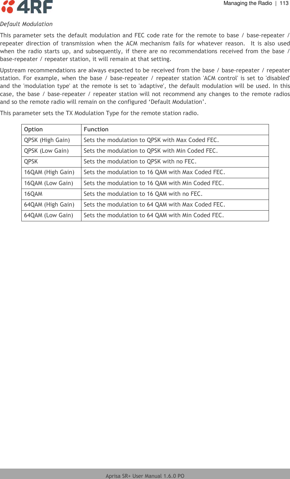  Managing the Radio  |  113  Aprisa SR+ User Manual 1.6.0 PO  Default Modulation This parameter sets the default modulation and FEC code rate for the remote to base / base-repeater / repeater  direction  of  transmission  when  the  ACM  mechanism  fails  for  whatever  reason.    It  is  also  used when the radio starts up, and subsequently, if there are no recommendations received from the base / base-repeater / repeater station, it will remain at that setting. Upstream recommendations are always expected to be received from the base / base-repeater / repeater station. For example, when the base / base-repeater / repeater station &apos;ACM control&apos; is set to &apos;disabled&apos; and the &apos;modulation type&apos; at the remote is set to &apos;adaptive&apos;, the default modulation will be used. In this case, the base / base-repeater / repeater station will not recommend any changes to the remote radios and so the remote radio will remain on the configured ‘Default Modulation’. This parameter sets the TX Modulation Type for the remote station radio.   Option Function QPSK (High Gain) Sets the modulation to QPSK with Max Coded FEC. QPSK (Low Gain) Sets the modulation to QPSK with Min Coded FEC. QPSK Sets the modulation to QPSK with no FEC. 16QAM (High Gain) Sets the modulation to 16 QAM with Max Coded FEC. 16QAM (Low Gain) Sets the modulation to 16 QAM with Min Coded FEC. 16QAM Sets the modulation to 16 QAM with no FEC. 64QAM (High Gain) Sets the modulation to 64 QAM with Max Coded FEC. 64QAM (Low Gain) Sets the modulation to 64 QAM with Min Coded FEC.  