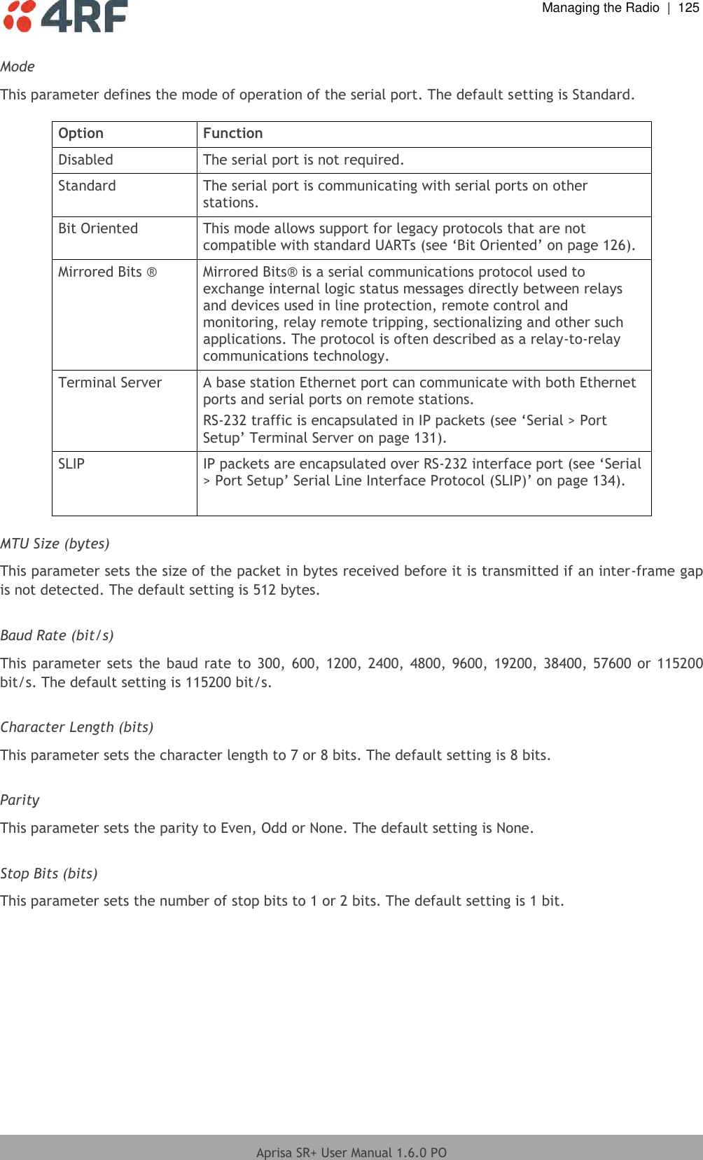  Managing the Radio  |  125  Aprisa SR+ User Manual 1.6.0 PO  Mode This parameter defines the mode of operation of the serial port. The default setting is Standard.  Option Function Disabled The serial port is not required. Standard The serial port is communicating with serial ports on other stations. Bit Oriented This mode allows support for legacy protocols that are not compatible with standard UARTs (see ‘Bit Oriented’ on page 126). Mirrored Bits ® Mirrored Bits® is a serial communications protocol used to exchange internal logic status messages directly between relays and devices used in line protection, remote control and monitoring, relay remote tripping, sectionalizing and other such applications. The protocol is often described as a relay-to-relay communications technology. Terminal Server A base station Ethernet port can communicate with both Ethernet ports and serial ports on remote stations. RS-232 traffic is encapsulated in IP packets (see ‘Serial &gt; Port Setup’ Terminal Server on page 131). SLIP IP packets are encapsulated over RS-232 interface port (see ‘Serial &gt; Port Setup’ Serial Line Interface Protocol (SLIP)’ on page 134).   MTU Size (bytes) This parameter sets the size of the packet in bytes received before it is transmitted if an inter-frame gap is not detected. The default setting is 512 bytes.  Baud Rate (bit/s) This parameter sets  the  baud rate to 300,  600, 1200, 2400, 4800,  9600,  19200,  38400, 57600 or 115200 bit/s. The default setting is 115200 bit/s.  Character Length (bits) This parameter sets the character length to 7 or 8 bits. The default setting is 8 bits.  Parity This parameter sets the parity to Even, Odd or None. The default setting is None.  Stop Bits (bits) This parameter sets the number of stop bits to 1 or 2 bits. The default setting is 1 bit.    