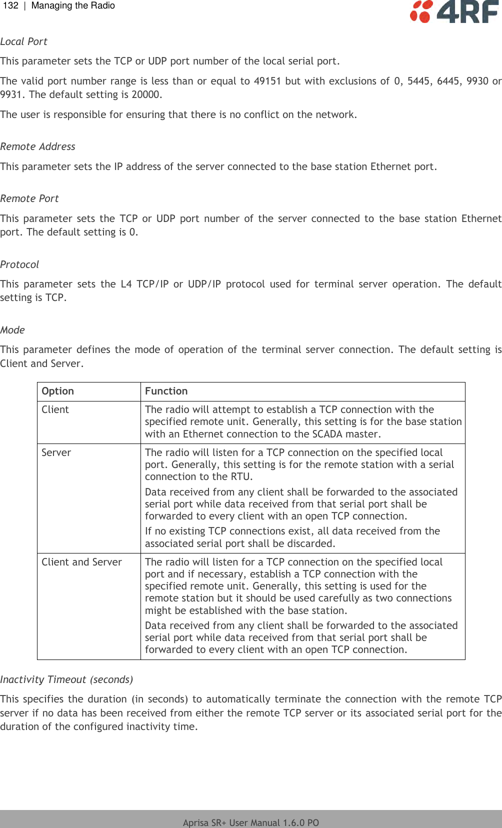 132  |  Managing the Radio   Aprisa SR+ User Manual 1.6.0 PO  Local Port This parameter sets the TCP or UDP port number of the local serial port. The valid port number range is less than or equal to 49151 but with exclusions of  0, 5445, 6445, 9930 or 9931. The default setting is 20000. The user is responsible for ensuring that there is no conflict on the network.  Remote Address This parameter sets the IP address of the server connected to the base station Ethernet port.  Remote Port This  parameter  sets  the  TCP  or  UDP  port  number  of  the server  connected  to  the base  station  Ethernet port. The default setting is 0.  Protocol This  parameter  sets  the  L4  TCP/IP  or  UDP/IP  protocol  used  for  terminal  server  operation.  The  default setting is TCP.  Mode This parameter  defines the mode of  operation of the  terminal server  connection. The  default  setting is Client and Server.  Option Function Client The radio will attempt to establish a TCP connection with the specified remote unit. Generally, this setting is for the base station with an Ethernet connection to the SCADA master. Server The radio will listen for a TCP connection on the specified local port. Generally, this setting is for the remote station with a serial connection to the RTU. Data received from any client shall be forwarded to the associated serial port while data received from that serial port shall be forwarded to every client with an open TCP connection. If no existing TCP connections exist, all data received from the associated serial port shall be discarded. Client and Server The radio will listen for a TCP connection on the specified local port and if necessary, establish a TCP connection with the specified remote unit. Generally, this setting is used for the remote station but it should be used carefully as two connections might be established with the base station. Data received from any client shall be forwarded to the associated serial port while data received from that serial port shall be forwarded to every client with an open TCP connection.  Inactivity Timeout (seconds) This specifies the duration (in seconds) to automatically terminate the  connection  with the remote TCP server if no data has been received from either the remote TCP server or its associated serial port for the duration of the configured inactivity time.    