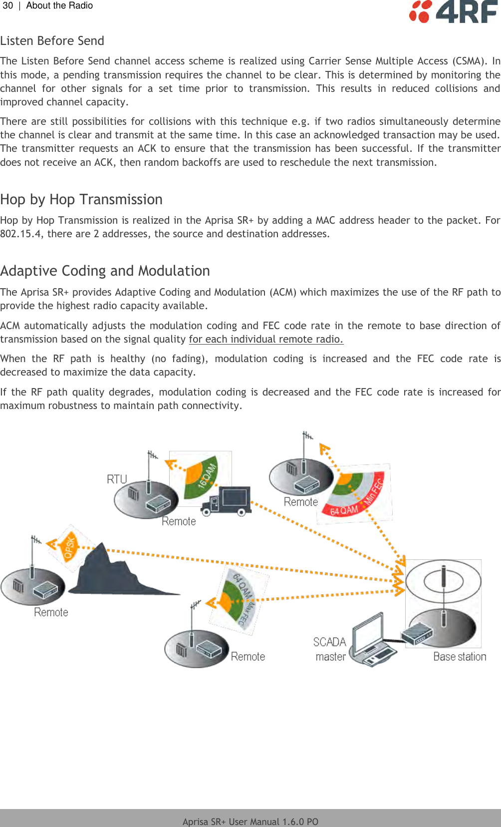 30  |  About the Radio   Aprisa SR+ User Manual 1.6.0 PO  Listen Before Send The Listen Before Send channel access scheme is realized using Carrier Sense Multiple Access (CSMA). In this mode, a pending transmission requires the channel to be clear. This is determined by monitoring the channel  for  other  signals  for  a  set  time  prior  to  transmission.  This  results  in  reduced  collisions  and improved channel capacity. There are still possibilities for  collisions  with this technique e.g. if two radios simultaneously determine the channel is clear and transmit at the same time. In this case an acknowledged transaction may be used. The transmitter requests  an ACK to ensure that the transmission has been successful. If the transmitter does not receive an ACK, then random backoffs are used to reschedule the next transmission.  Hop by Hop Transmission Hop by Hop Transmission is realized in the Aprisa SR+ by adding a MAC address header to the packet. For 802.15.4, there are 2 addresses, the source and destination addresses.  Adaptive Coding and Modulation  The Aprisa SR+ provides Adaptive Coding and Modulation (ACM) which maximizes the use of the RF path to provide the highest radio capacity available. ACM automatically adjusts the modulation coding and FEC code  rate in the  remote to base direction  of transmission based on the signal quality for each individual remote radio. When  the  RF  path  is  healthy  (no  fading),  modulation  coding  is  increased  and  the  FEC  code  rate  is decreased to maximize the data capacity. If the  RF  path quality  degrades,  modulation  coding  is  decreased and  the FEC  code rate is increased  for maximum robustness to maintain path connectivity.     