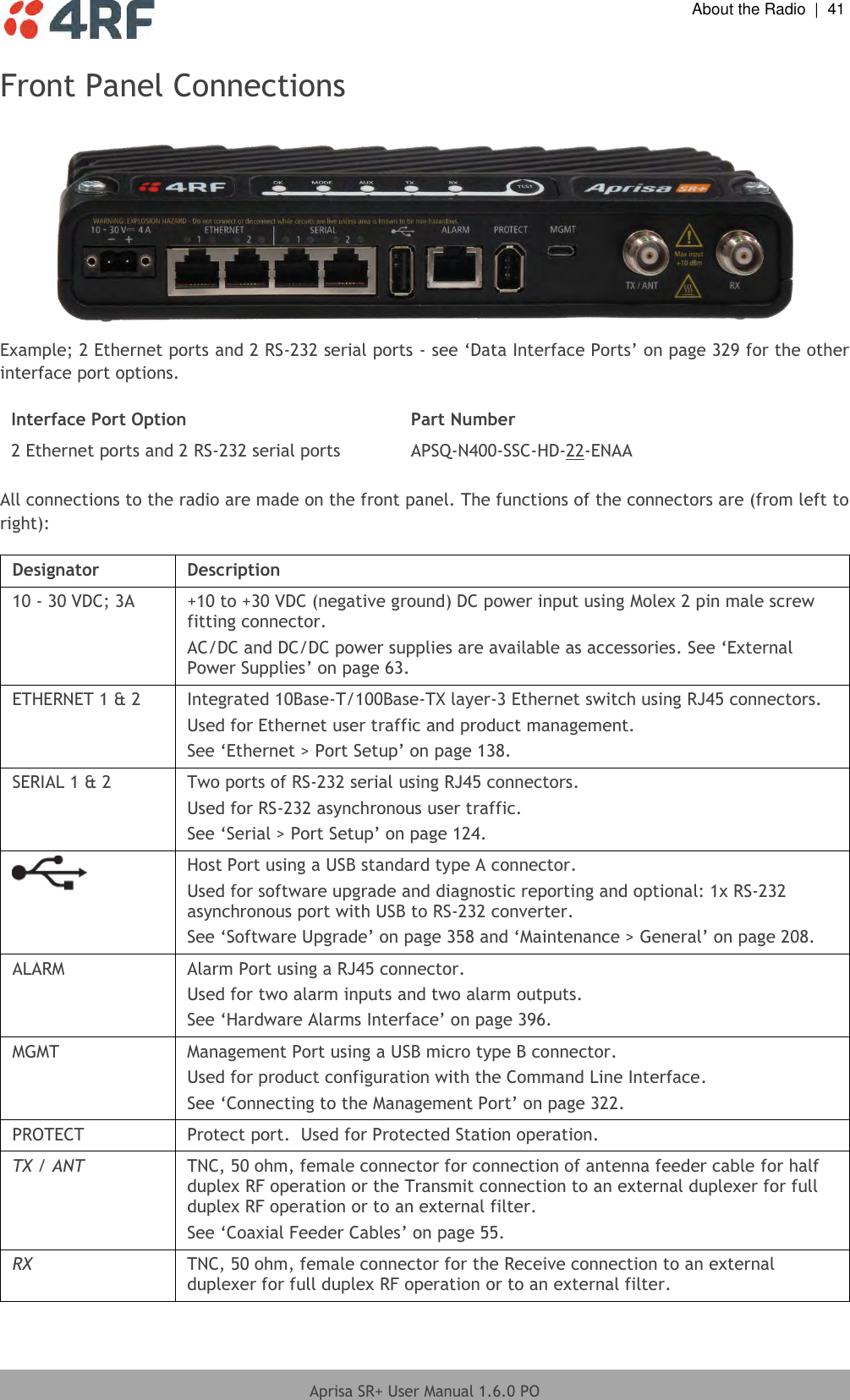  About the Radio  |  41  Aprisa SR+ User Manual 1.6.0 PO  Front Panel Connections   Example; 2 Ethernet ports and 2 RS-232 serial ports - see ‘Data Interface Ports’ on page 329 for the other interface port options.  Interface Port Option Part Number 2 Ethernet ports and 2 RS-232 serial ports APSQ-N400-SSC-HD-22-ENAA  All connections to the radio are made on the front panel. The functions of the connectors are (from left to right):  Designator Description 10 - 30 VDC; 3A +10 to +30 VDC (negative ground) DC power input using Molex 2 pin male screw fitting connector. AC/DC and DC/DC power supplies are available as accessories. See ‘External Power Supplies’ on page 63. ETHERNET 1 &amp; 2 Integrated 10Base-T/100Base-TX layer-3 Ethernet switch using RJ45 connectors. Used for Ethernet user traffic and product management. See ‘Ethernet &gt; Port Setup’ on page 138. SERIAL 1 &amp; 2 Two ports of RS-232 serial using RJ45 connectors. Used for RS-232 asynchronous user traffic. See ‘Serial &gt; Port Setup’ on page 124.  Host Port using a USB standard type A connector. Used for software upgrade and diagnostic reporting and optional: 1x RS-232 asynchronous port with USB to RS-232 converter. See ‘Software Upgrade’ on page 358 and ‘Maintenance &gt; General’ on page 208. ALARM Alarm Port using a RJ45 connector. Used for two alarm inputs and two alarm outputs. See ‘Hardware Alarms Interface’ on page 396. MGMT Management Port using a USB micro type B connector. Used for product configuration with the Command Line Interface. See ‘Connecting to the Management Port’ on page 322. PROTECT Protect port.  Used for Protected Station operation. TX / ANT TNC, 50 ohm, female connector for connection of antenna feeder cable for half duplex RF operation or the Transmit connection to an external duplexer for full duplex RF operation or to an external filter. See ‘Coaxial Feeder Cables’ on page 55. RX TNC, 50 ohm, female connector for the Receive connection to an external duplexer for full duplex RF operation or to an external filter.  