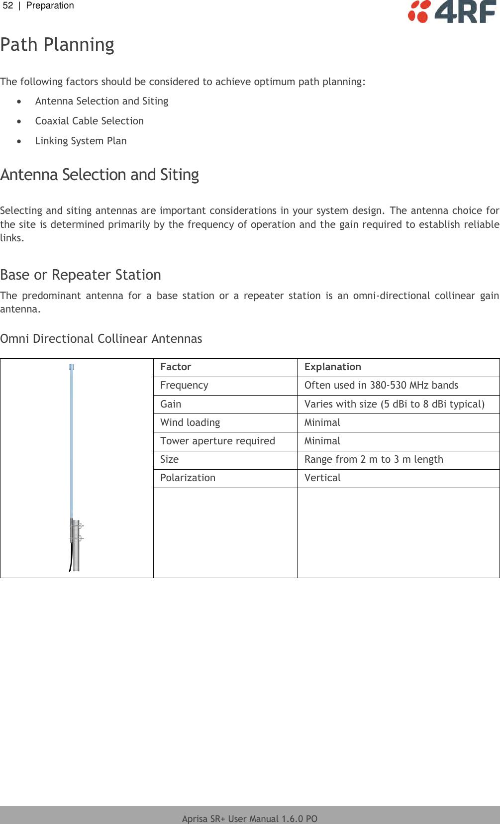 52  |  Preparation   Aprisa SR+ User Manual 1.6.0 PO  Path Planning  The following factors should be considered to achieve optimum path planning:  Antenna Selection and Siting  Coaxial Cable Selection  Linking System Plan  Antenna Selection and Siting  Selecting and siting antennas are important considerations in your system design. The antenna choice for the site is determined primarily by the frequency of operation and the gain required to establish reliable links.  Base or Repeater Station The  predominant  antenna  for  a  base  station  or  a  repeater  station  is  an  omni-directional  collinear  gain antenna.  Omni Directional Collinear Antennas   Factor Explanation Frequency Often used in 380-530 MHz bands Gain Varies with size (5 dBi to 8 dBi typical) Wind loading Minimal Tower aperture required Minimal Size Range from 2 m to 3 m length Polarization Vertical    