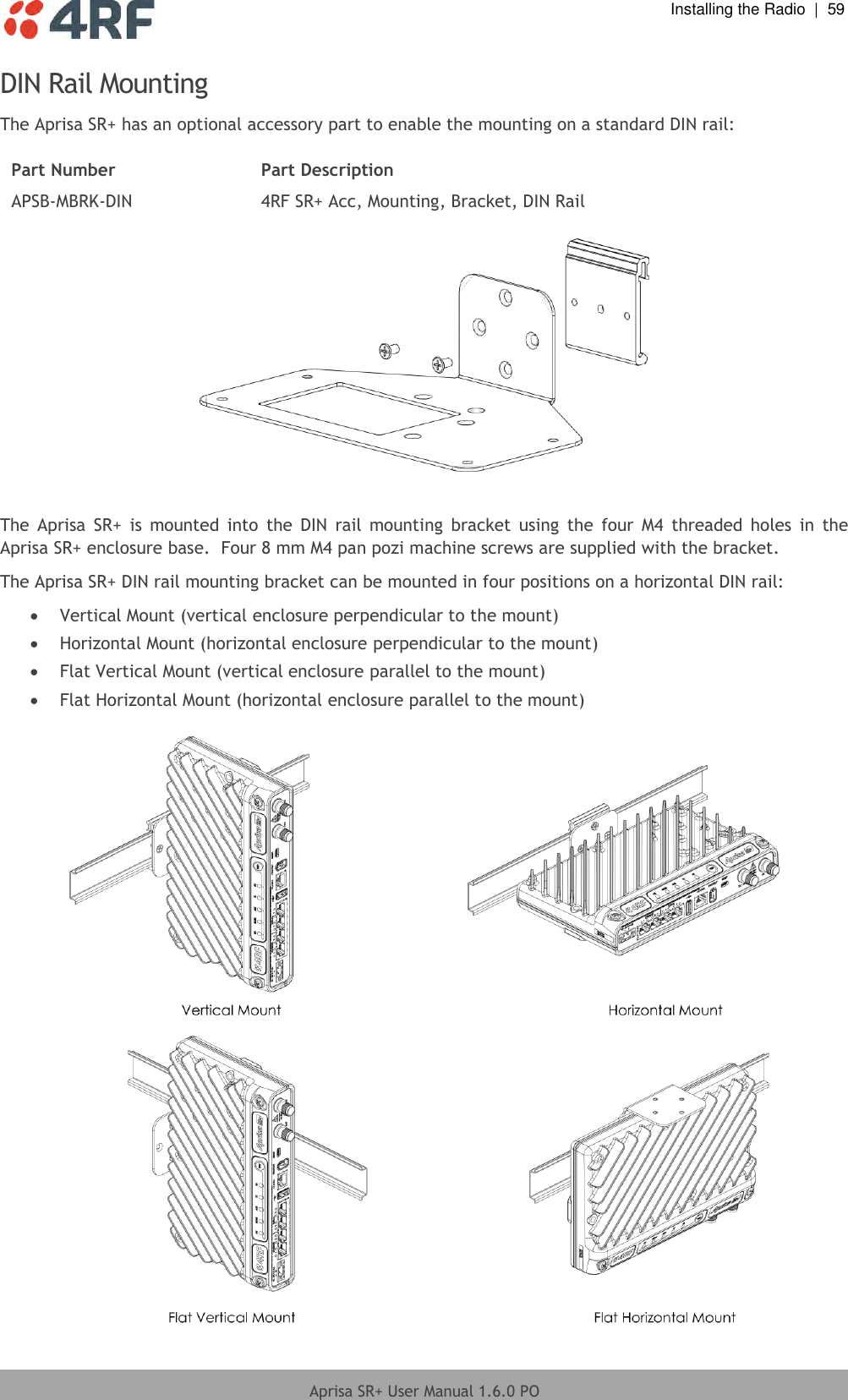  Installing the Radio  |  59  Aprisa SR+ User Manual 1.6.0 PO  DIN Rail Mounting The Aprisa SR+ has an optional accessory part to enable the mounting on a standard DIN rail:  Part Number Part Description APSB-MBRK-DIN 4RF SR+ Acc, Mounting, Bracket, DIN Rail    The  Aprisa  SR+  is  mounted  into  the  DIN  rail  mounting  bracket  using  the  four  M4  threaded  holes  in  the Aprisa SR+ enclosure base.  Four 8 mm M4 pan pozi machine screws are supplied with the bracket. The Aprisa SR+ DIN rail mounting bracket can be mounted in four positions on a horizontal DIN rail:  Vertical Mount (vertical enclosure perpendicular to the mount)  Horizontal Mount (horizontal enclosure perpendicular to the mount)  Flat Vertical Mount (vertical enclosure parallel to the mount)  Flat Horizontal Mount (horizontal enclosure parallel to the mount)   