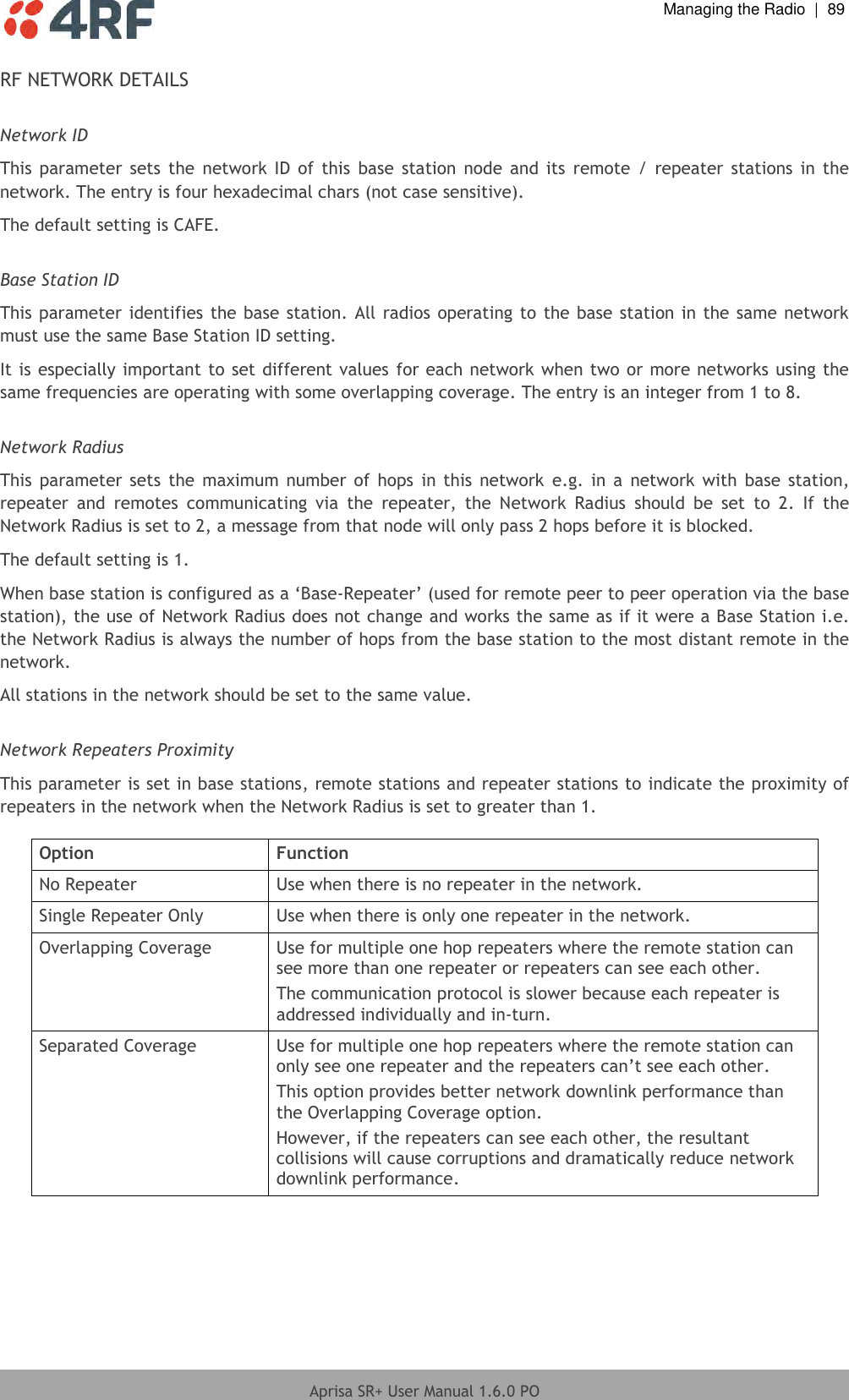  Managing the Radio  |  89  Aprisa SR+ User Manual 1.6.0 PO  RF NETWORK DETAILS  Network ID This  parameter  sets  the  network ID  of this  base station  node  and its  remote  /  repeater stations  in  the network. The entry is four hexadecimal chars (not case sensitive). The default setting is CAFE.  Base Station ID This parameter identifies the base station. All radios operating to the base station in the same network must use the same Base Station ID setting. It is especially important to set different values for each network when two or more networks using the same frequencies are operating with some overlapping coverage. The entry is an integer from 1 to 8.  Network Radius This  parameter sets  the  maximum  number  of hops  in this network  e.g. in a  network with  base station, repeater  and  remotes  communicating  via  the  repeater,  the  Network  Radius  should  be  set  to  2.  If  the Network Radius is set to 2, a message from that node will only pass 2 hops before it is blocked. The default setting is 1. When base station is configured as a ‘Base-Repeater’ (used for remote peer to peer operation via the base station), the use of Network Radius does not change and works the same as if it were a Base Station i.e. the Network Radius is always the number of hops from the base station to the most distant remote in the network. All stations in the network should be set to the same value.   Network Repeaters Proximity This parameter is set in base stations, remote stations and repeater stations to indicate the proximity of repeaters in the network when the Network Radius is set to greater than 1.  Option Function No Repeater Use when there is no repeater in the network. Single Repeater Only Use when there is only one repeater in the network. Overlapping Coverage Use for multiple one hop repeaters where the remote station can see more than one repeater or repeaters can see each other. The communication protocol is slower because each repeater is addressed individually and in-turn. Separated Coverage Use for multiple one hop repeaters where the remote station can only see one repeater and the repeaters can’t see each other. This option provides better network downlink performance than the Overlapping Coverage option. However, if the repeaters can see each other, the resultant collisions will cause corruptions and dramatically reduce network downlink performance.    