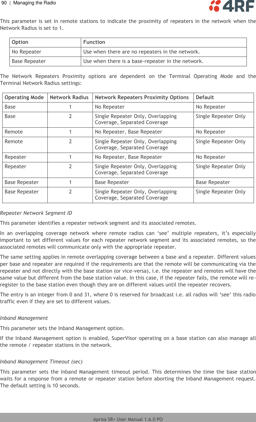 90  |  Managing the Radio   Aprisa SR+ User Manual 1.6.0 PO  This parameter is set in remote stations to indicate the proximity of repeaters in the network when the Network Radius is set to 1.  Option Function No Repeater Use when there are no repeaters in the network. Base Repeater Use when there is a base-repeater in the network.  The  Network  Repeaters  Proximity  options  are  dependent  on  the  Terminal  Operating  Mode  and  the Terminal Network Radius settings:  Operating Mode Network Radius Network Repeaters Proximity Options Default Base 1 No Repeater No Repeater Base 2 Single Repeater Only, Overlapping Coverage, Separated Coverage Single Repeater Only Remote 1 No Repeater, Base Repeater No Repeater Remote 2 Single Repeater Only, Overlapping Coverage, Separated Coverage Single Repeater Only Repeater 1 No Repeater, Base Repeater No Repeater Repeater 2 Single Repeater Only, Overlapping Coverage, Separated Coverage Single Repeater Only Base Repeater 1 Base Repeater Base Repeater Base Repeater 2 Single Repeater Only, Overlapping Coverage, Separated Coverage Single Repeater Only  Repeater Network Segment ID This parameter identifies a repeater network segment and its associated remotes.  In  an  overlapping  coverage  network  where  remote  radios  can  ‘see’  multiple  repeaters,  it’s  especially important to set different values for each repeater network segment and its associated remotes, so the associated remotes will communicate only with the appropriate repeater. The same setting applies in remote overlapping coverage between a base and a repeater. Different values per base and repeater are required if the requirements are that the remote will be communicating via the repeater and not directly with the base station (or vice-versa), i.e. the repeater and remotes will have the same value but different from the base station value. In this case, if the repeater fails, the remote will re-register to the base station even though they are on different values until the repeater recovers. The entry is an integer from 0 and 31, where 0 is reserved for broadcast i.e. all radios will ‘see’ this radio traffic even if they are set to different values.  Inband Management This parameter sets the Inband Management option. If the Inband Management option is enabled, SuperVisor operating on a base station can also manage all the remote / repeater stations in the network.  Inband Management Timeout (sec) This  parameter  sets the Inband  Management  timeout  period.  This determines  the  time the base  station waits for a response from a remote or repeater station before aborting the Inband Management request. The default setting is 10 seconds.    