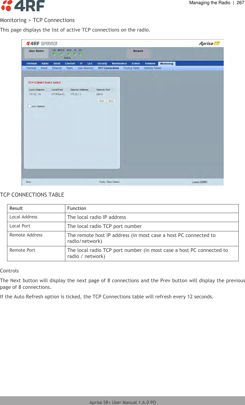  Managing the Radio  |  267  Aprisa SR+ User Manual 1.6.0 PO  Monitoring &gt; TCP Connections This page displays the list of active TCP connections on the radio.    TCP CONNECTIONS TABLE  Result Function Local Address The local radio IP address Local Port The local radio TCP port number Remote Address The remote host IP address (in most case a host PC connected to radio/network) Remote Port The local radio TCP port number (in most case a host PC connected to radio / network)  Controls The Next button will display the next page of 8 connections and the Prev button will display the previous page of 8 connections. If the Auto Refresh option is ticked, the TCP Connections table will refresh every 12 seconds.  