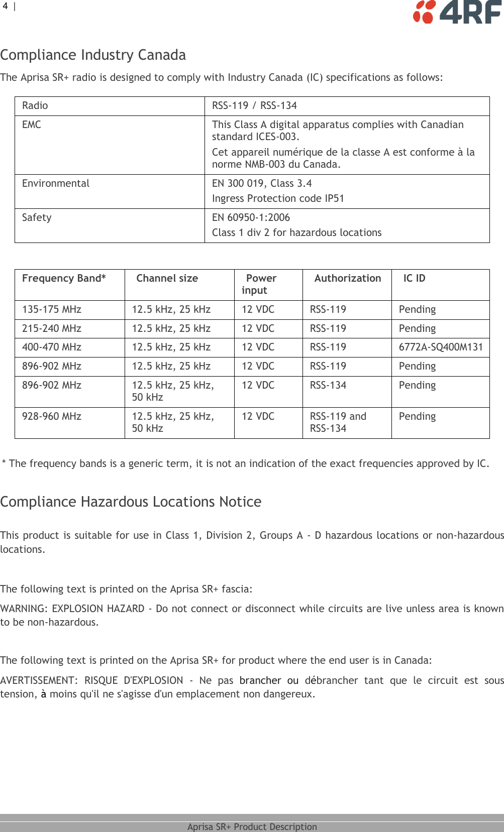 4  |     Aprisa SR+ Product Description  Compliance Industry Canada The Aprisa SR+ radio is designed to comply with Industry Canada (IC) specifications as follows:  Radio RSS-119 / RSS-134 EMC This Class A digital apparatus complies with Canadian standard ICES-003. Cet appareil numérique de la classe A est conforme à la norme NMB-003 du Canada. Environmental EN 300 019, Class 3.4 Ingress Protection code IP51 Safety EN 60950-1:2006 Class 1 div 2 for hazardous locations  input 135-175 MHz 12.5 kHz, 25 kHz 12 VDC RSS-119 Pending 215-240 MHz 12.5 kHz, 25 kHz 12 VDC RSS-119 Pending 400-470 MHz 12.5 kHz, 25 kHz 12 VDC RSS-119 6772A-SQ400M131 896-902 MHz 12.5 kHz, 25 kHz 12 VDC RSS-119 Pending 896-902 MHz 12.5 kHz, 25 kHz, 50 kHz 12 VDC RSS-134 Pending 928-960 MHz 12.5 kHz, 25 kHz, 50 kHz 12 VDC RSS-119 and RSS-134 Pending   Compliance Hazardous Locations Notice  This product is suitable for use in Class 1, Division 2, Groups A - D hazardous locations or non-hazardous locations.  The following text is printed on the Aprisa SR+ fascia: WARNING: EXPLOSION HAZARD - Do not connect or disconnect while circuits are live unless area is known to be non-hazardous.  The following text is printed on the Aprisa SR+ for product where the end user is in Canada: AVERTISSEMENT:  RISQUE  D&apos;EXPLOSION  -  Ne  pas  brancher  ou  débrancher  tant  que  le  circuit  est  sous tension, à moins qu&apos;il ne s&apos;agisse d&apos;un emplacement non dangereux. Frequency Band* Channel size Power Authorization IC ID * The frequency bands is a generic term, it is not an indication of the exact frequencies approved by IC.