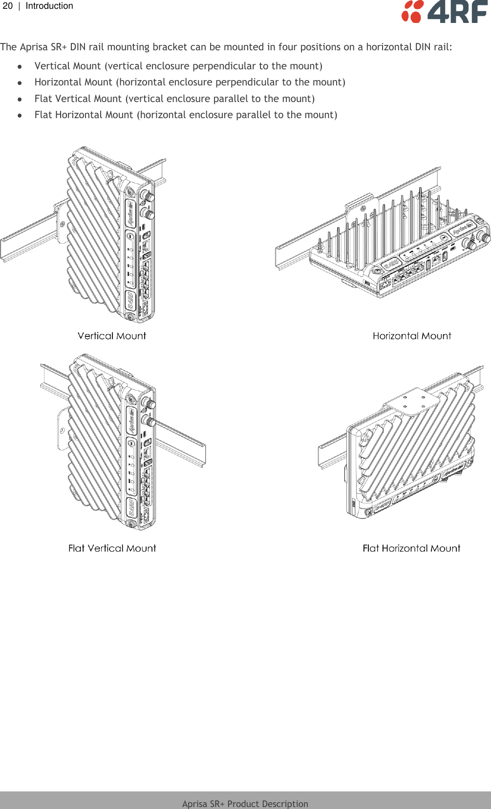 20  |  Introduction   Aprisa SR+ Product Description  The Aprisa SR+ DIN rail mounting bracket can be mounted in four positions on a horizontal DIN rail:  Vertical Mount (vertical enclosure perpendicular to the mount)  Horizontal Mount (horizontal enclosure perpendicular to the mount)  Flat Vertical Mount (vertical enclosure parallel to the mount)  Flat Horizontal Mount (horizontal enclosure parallel to the mount)    