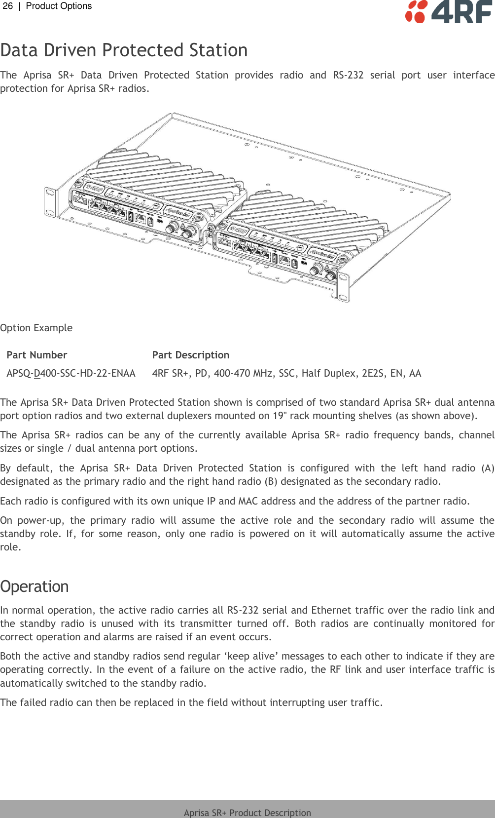 26  |  Product Options   Aprisa SR+ Product Description  Data Driven Protected Station The  Aprisa  SR+  Data  Driven  Protected  Station  provides  radio  and  RS-232  serial  port  user  interface protection for Aprisa SR+ radios.    Option Example  Part Number Part Description APSQ-D400-SSC-HD-22-ENAA 4RF SR+, PD, 400-470 MHz, SSC, Half Duplex, 2E2S, EN, AA  The Aprisa SR+ Data Driven Protected Station shown is comprised of two standard Aprisa SR+ dual antenna port option radios and two external duplexers mounted on 19&quot; rack mounting shelves (as shown above). The  Aprisa  SR+  radios  can  be  any  of  the  currently  available  Aprisa  SR+  radio  frequency  bands,  channel sizes or single / dual antenna port options. By  default,  the  Aprisa  SR+  Data  Driven  Protected  Station  is  configured  with  the  left  hand  radio  (A) designated as the primary radio and the right hand radio (B) designated as the secondary radio. Each radio is configured with its own unique IP and MAC address and the address of the partner radio. On  power-up,  the  primary  radio  will  assume  the  active  role  and  the  secondary  radio  will  assume  the standby  role. If, for  some  reason,  only  one  radio  is  powered  on  it  will  automatically assume  the  active role.   Operation In normal operation, the active radio carries all RS-232 serial and Ethernet traffic over the radio link and the  standby  radio  is  unused  with  its  transmitter  turned  off.  Both  radios  are  continually  monitored  for correct operation and alarms are raised if an event occurs.  Both the active and standby radios send regular ‘keep alive’ messages to each other to indicate if they are operating correctly. In the event of a failure on the active radio, the RF link and user interface traffic is automatically switched to the standby radio. The failed radio can then be replaced in the field without interrupting user traffic.  