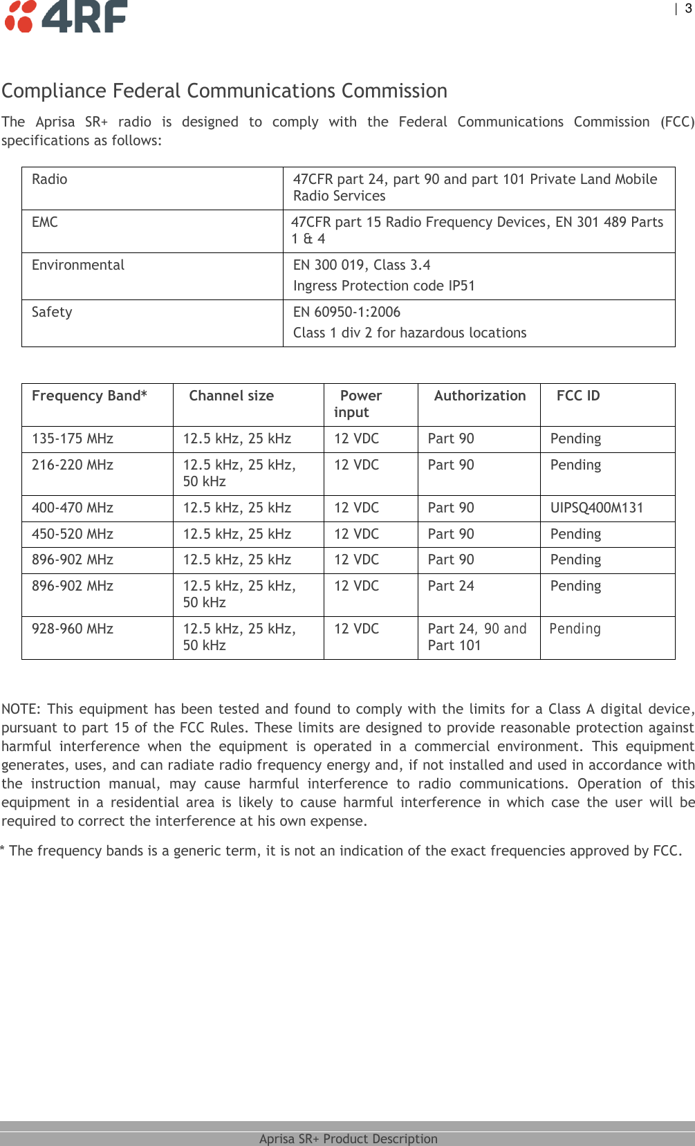  |  3   Aprisa SR+ Product Description  Compliance Federal Communications Commission The  Aprisa  SR+  radio  is  designed  to  comply  with  the  Federal  Communications  Commission  (FCC)  Radio  47CFR part 24, part 90 and part 101 Private Land Mobile Radio Services EMC 47CFR part 15 Radio Frequency Devices, EN 301 489 Parts 1 &amp; 4 Environmental EN 300 019, Class 3.4 Ingress Protection code IP51 Safety EN 60950-1:2006 Class 1 div 2 for hazardous locations  input 135-175 MHz 12.5 kHz, 25 kHz 12 VDC Part 90 Pending 50 kHz 400-470 MHz 12.5 kHz, 25 kHz 12 VDC Part 90 UIPSQ400M131 450-520 MHz 12.5 kHz, 25 kHz 12 VDC Part 90 Pending 896-902 MHz 12.5 kHz, 25 kHz 12 VDC Part 90 Pending 896-902 MHz 12.5 kHz, 25 kHz, 50 kHz 12 VDC Part 24 Pending   pursuant to part 15 of the FCC Rules. These limits are designed to provide reasonable protection against harmful  interference  when  the  equipment  is  operated  in  a  commercial  environment.  This  equipment generates, uses, and can radiate radio frequency energy and, if not installed and used in accordance with the  instruction  manual,  may  cause  harmful  interference  to  radio  communications.  Operation  of  this equipment  in  a  residential  area  is  likely  to  cause  harmful  interference  in  which  case  the  user  will  be required to correct the interference at his own expense.  216-220 MHz 12.5 kHz, 25 kHz, 12 VDC Part 90 Pending 50 kHz Part 101 928-960 MHz 12.5 kHz, 25 kHz, 12 VDC Part 24, 90 and     Pending Frequency Band* Channel size Power Authorization FCC ID NOTE: This equipment has been tested and found to comply with the limits for a Class A digital device, * The frequency bands is a generic term, it is not an indication of the exact frequencies approved by FCC.specifications as follows: 