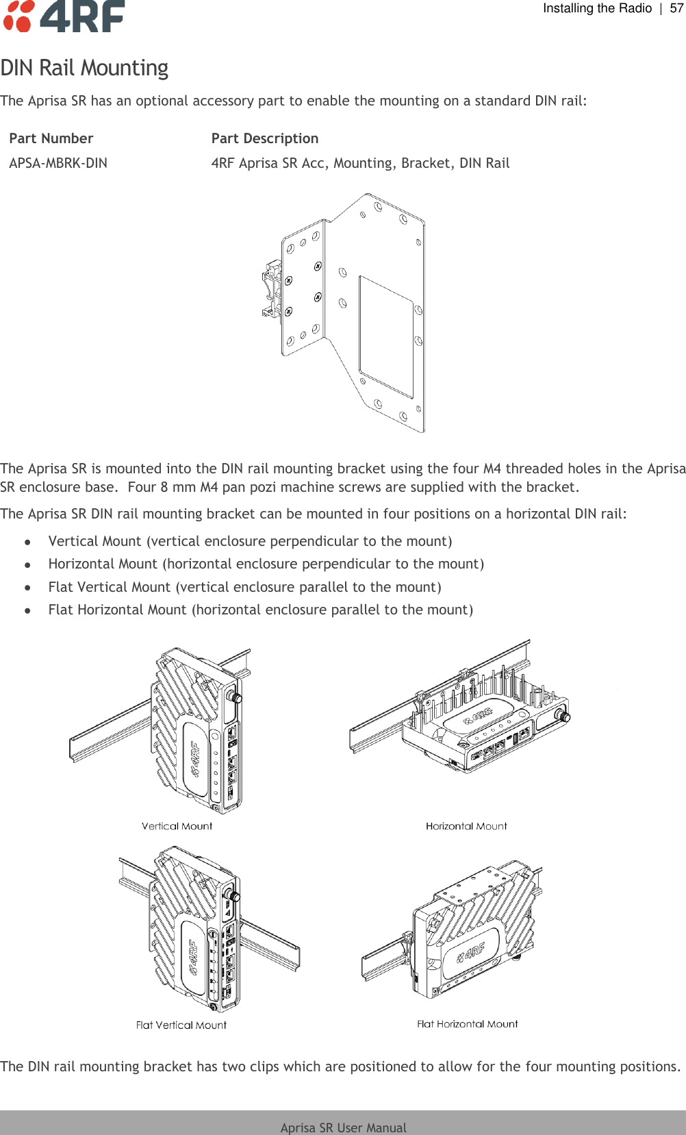  Installing the Radio  |  57  Aprisa SR User Manual  DIN Rail Mounting The Aprisa SR has an optional accessory part to enable the mounting on a standard DIN rail:  Part Number Part Description APSA-MBRK-DIN 4RF Aprisa SR Acc, Mounting, Bracket, DIN Rail    The Aprisa SR is mounted into the DIN rail mounting bracket using the four M4 threaded holes in the Aprisa SR enclosure base.  Four 8 mm M4 pan pozi machine screws are supplied with the bracket. The Aprisa SR DIN rail mounting bracket can be mounted in four positions on a horizontal DIN rail:  Vertical Mount (vertical enclosure perpendicular to the mount)  Horizontal Mount (horizontal enclosure perpendicular to the mount)  Flat Vertical Mount (vertical enclosure parallel to the mount)  Flat Horizontal Mount (horizontal enclosure parallel to the mount)    The DIN rail mounting bracket has two clips which are positioned to allow for the four mounting positions. 