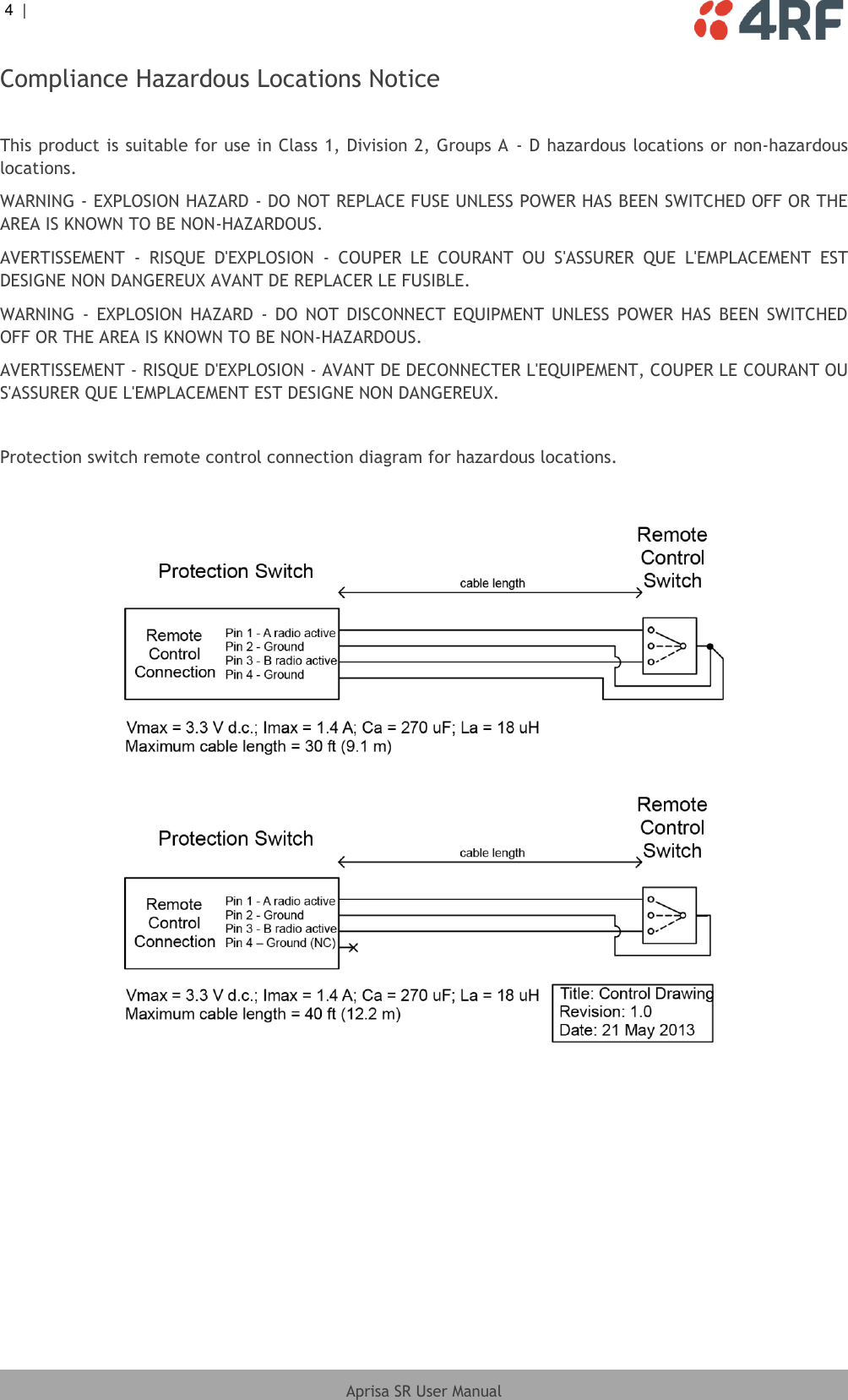 4  |     Aprisa SR User Manual  Compliance Hazardous Locations Notice  This product is suitable for use in Class 1, Division 2, Groups A  - D hazardous locations or non-hazardous locations. WARNING - EXPLOSION HAZARD - DO NOT REPLACE FUSE UNLESS POWER HAS BEEN SWITCHED OFF OR THE AREA IS KNOWN TO BE NON-HAZARDOUS. AVERTISSEMENT  -  RISQUE  D&apos;EXPLOSION  -  COUPER  LE  COURANT  OU  S&apos;ASSURER  QUE  L&apos;EMPLACEMENT  EST DESIGNE NON DANGEREUX AVANT DE REPLACER LE FUSIBLE. WARNING  -  EXPLOSION  HAZARD  -  DO  NOT  DISCONNECT  EQUIPMENT  UNLESS  POWER  HAS  BEEN  SWITCHED OFF OR THE AREA IS KNOWN TO BE NON-HAZARDOUS. AVERTISSEMENT - RISQUE D&apos;EXPLOSION - AVANT DE DECONNECTER L&apos;EQUIPEMENT, COUPER LE COURANT OU S&apos;ASSURER QUE L&apos;EMPLACEMENT EST DESIGNE NON DANGEREUX.  Protection switch remote control connection diagram for hazardous locations.    