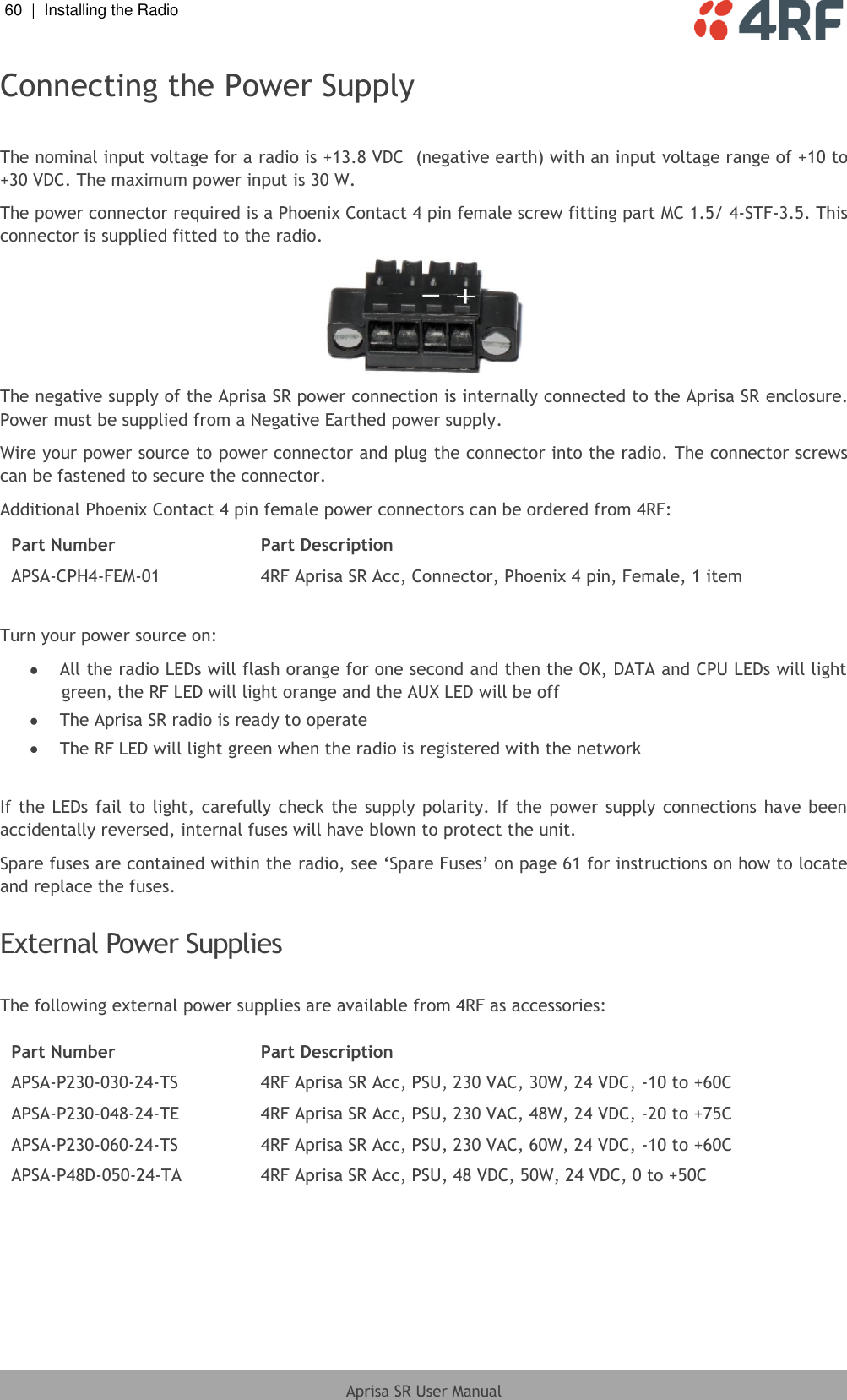 60  |  Installing the Radio   Aprisa SR User Manual  Connecting the Power Supply  The nominal input voltage for a radio is +13.8 VDC  (negative earth) with an input voltage range of +10 to +30 VDC. The maximum power input is 30 W. The power connector required is a Phoenix Contact 4 pin female screw fitting part MC 1.5/ 4-STF-3.5. This connector is supplied fitted to the radio.  The negative supply of the Aprisa SR power connection is internally connected to the Aprisa SR enclosure. Power must be supplied from a Negative Earthed power supply. Wire your power source to power connector and plug the connector into the radio. The connector screws can be fastened to secure the connector. Additional Phoenix Contact 4 pin female power connectors can be ordered from 4RF: Part Number Part Description APSA-CPH4-FEM-01 4RF Aprisa SR Acc, Connector, Phoenix 4 pin, Female, 1 item  Turn your power source on:  All the radio LEDs will flash orange for one second and then the OK, DATA and CPU LEDs will light green, the RF LED will light orange and the AUX LED will be off  The Aprisa SR radio is ready to operate  The RF LED will light green when the radio is registered with the network  If the  LEDs fail to  light, carefully check the supply  polarity.  If the power supply  connections  have  been accidentally reversed, internal fuses will have blown to protect the unit. Spare fuses are contained within the radio, see ‘Spare Fuses’ on page 61 for instructions on how to locate and replace the fuses.  External Power Supplies  The following external power supplies are available from 4RF as accessories:  Part Number Part Description APSA-P230-030-24-TS 4RF Aprisa SR Acc, PSU, 230 VAC, 30W, 24 VDC, -10 to +60C APSA-P230-048-24-TE 4RF Aprisa SR Acc, PSU, 230 VAC, 48W, 24 VDC, -20 to +75C APSA-P230-060-24-TS 4RF Aprisa SR Acc, PSU, 230 VAC, 60W, 24 VDC, -10 to +60C APSA-P48D-050-24-TA 4RF Aprisa SR Acc, PSU, 48 VDC, 50W, 24 VDC, 0 to +50C  