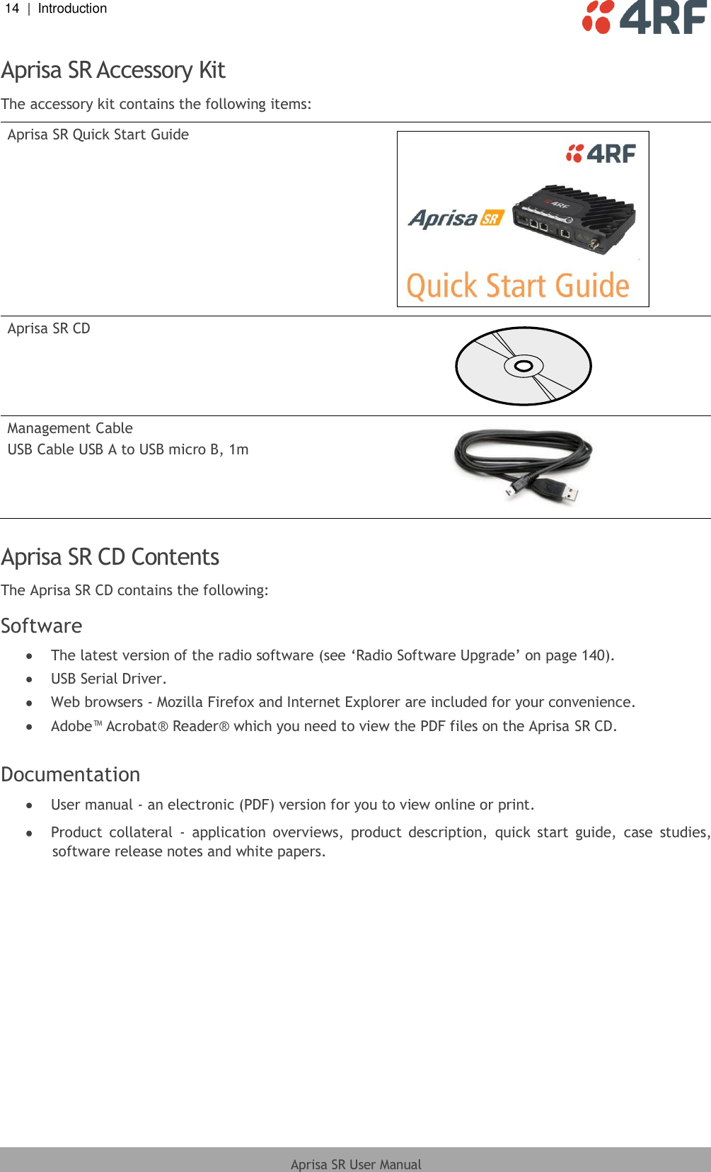 14  |  Introduction   Aprisa SR User Manual  Aprisa SR Accessory Kit The accessory kit contains the following items: Aprisa SR Quick Start Guide  Aprisa SR CD  Management Cable USB Cable USB A to USB micro B, 1m   Aprisa SR CD Contents The Aprisa SR CD contains the following: Software  The latest version of the radio software (see ‘Radio Software Upgrade’ on page 140).  USB Serial Driver.  Web browsers - Mozilla Firefox and Internet Explorer are included for your convenience.  Adobe™ Acrobat® Reader® which you need to view the PDF files on the Aprisa SR CD.  Documentation  User manual - an electronic (PDF) version for you to view online or print.  Product  collateral  -  application  overviews,  product  description,  quick  start  guide,  case  studies, software release notes and white papers.   