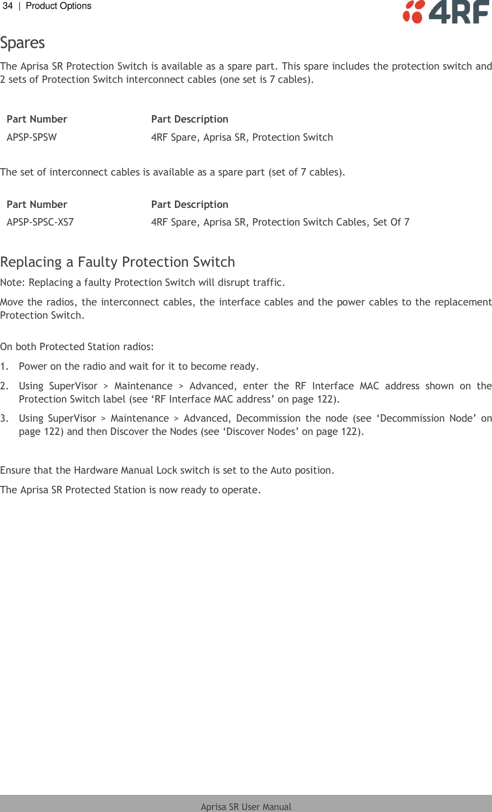 34  |  Product Options   Aprisa SR User Manual  Spares The Aprisa SR Protection Switch is available as a spare part. This spare includes the protection switch and 2 sets of Protection Switch interconnect cables (one set is 7 cables).   Part Number Part Description APSP-SPSW 4RF Spare, Aprisa SR, Protection Switch  The set of interconnect cables is available as a spare part (set of 7 cables).  Part Number Part Description APSP-SPSC-XS7 4RF Spare, Aprisa SR, Protection Switch Cables, Set Of 7  Replacing a Faulty Protection Switch Note: Replacing a faulty Protection Switch will disrupt traffic. Move the radios, the interconnect cables, the interface cables and the power cables to the replacement Protection Switch.  On both Protected Station radios: 1.  Power on the radio and wait for it to become ready. 2.  Using  SuperVisor  &gt;  Maintenance  &gt;  Advanced,  enter  the  RF  Interface  MAC  address  shown  on  the Protection Switch label (see ‘RF Interface MAC address’ on page 122). 3.  Using  SuperVisor  &gt;  Maintenance  &gt;  Advanced,  Decommission  the  node  (see  ‘Decommission  Node’ on page 122) and then Discover the Nodes (see ‘Discover Nodes’ on page 122).   Ensure that the Hardware Manual Lock switch is set to the Auto position. The Aprisa SR Protected Station is now ready to operate. 