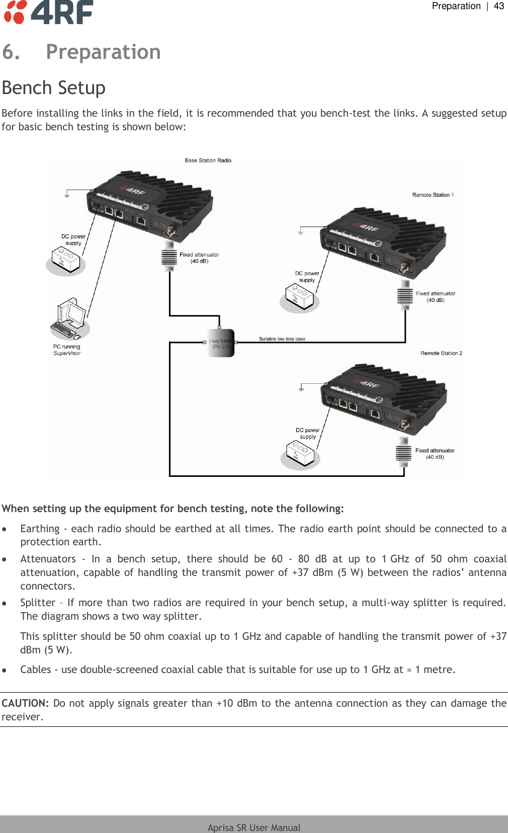  Preparation  |  43  Aprisa SR User Manual  6. Preparation Bench Setup Before installing the links in the field, it is recommended that you bench-test the links. A suggested setup for basic bench testing is shown below:    When setting up the equipment for bench testing, note the following:  Earthing - each radio should be earthed at all times. The radio earth point should be connected to a protection earth.  Attenuators  -  In  a  bench  setup,  there  should  be  60  -  80  dB  at  up  to  1 GHz  of  50  ohm  coaxial attenuation, capable of handling the transmit power of +37 dBm (5 W) between the radios’ antenna connectors.  Splitter – If more than two radios are required in your bench setup, a multi-way splitter is required.  The diagram shows a two way splitter. This splitter should be 50 ohm coaxial up to 1 GHz and capable of handling the transmit power of +37 dBm (5 W).  Cables - use double-screened coaxial cable that is suitable for use up to 1 GHz at ≈ 1 metre.  CAUTION: Do not apply signals greater than +10 dBm to the antenna connection as they can damage the receiver.  
