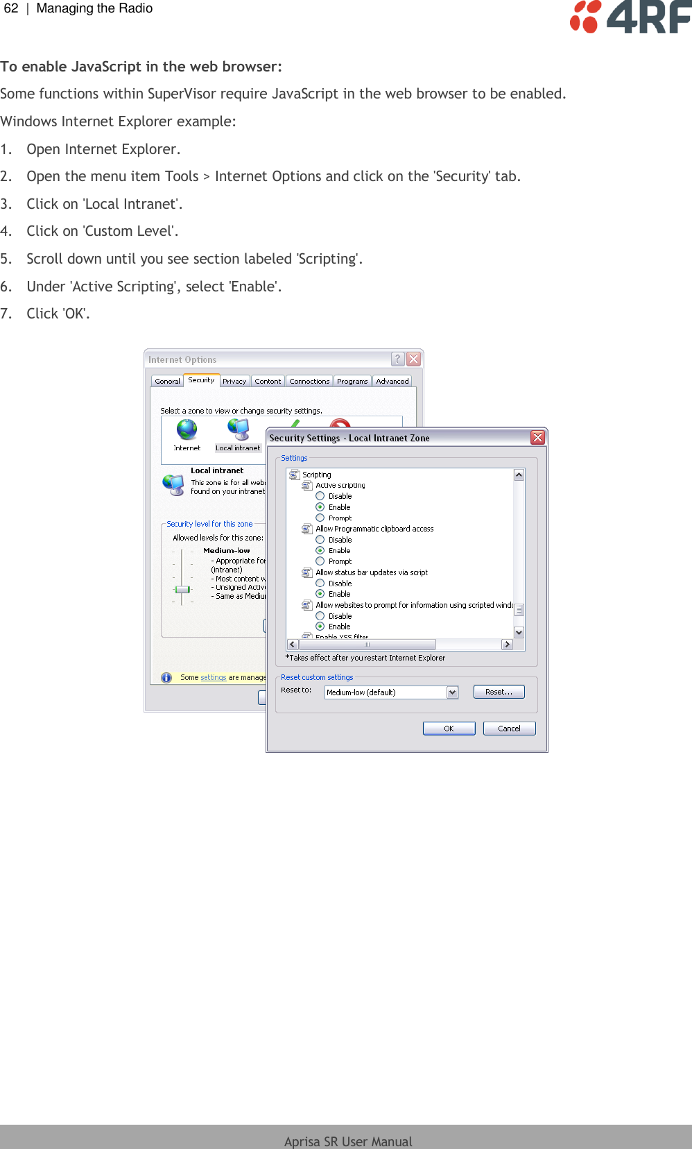 62  |  Managing the Radio   Aprisa SR User Manual  To enable JavaScript in the web browser: Some functions within SuperVisor require JavaScript in the web browser to be enabled. Windows Internet Explorer example: 1.  Open Internet Explorer. 2.  Open the menu item Tools &gt; Internet Options and click on the &apos;Security&apos; tab.   3.  Click on &apos;Local Intranet&apos;. 4.  Click on &apos;Custom Level&apos;. 5.  Scroll down until you see section labeled &apos;Scripting&apos;. 6.  Under &apos;Active Scripting&apos;, select &apos;Enable&apos;. 7.  Click &apos;OK&apos;.    