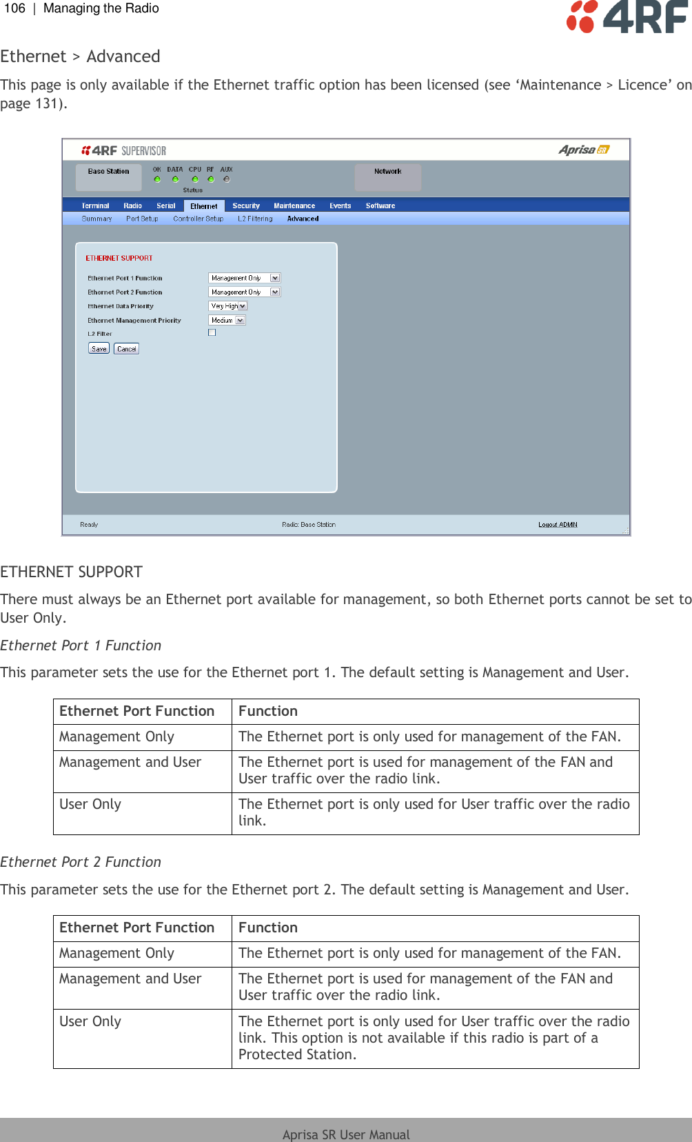 106  |  Managing the Radio   Aprisa SR User Manual  Ethernet &gt; Advanced This page is only available if the Ethernet traffic option has been licensed (see ‘Maintenance &gt; Licence’ on page 131).    ETHERNET SUPPORT There must always be an Ethernet port available for management, so both Ethernet ports cannot be set to User Only. Ethernet Port 1 Function This parameter sets the use for the Ethernet port 1. The default setting is Management and User.  Ethernet Port Function Function Management Only The Ethernet port is only used for management of the FAN. Management and User The Ethernet port is used for management of the FAN and User traffic over the radio link. User Only The Ethernet port is only used for User traffic over the radio link.  Ethernet Port 2 Function This parameter sets the use for the Ethernet port 2. The default setting is Management and User.  Ethernet Port Function Function Management Only The Ethernet port is only used for management of the FAN. Management and User The Ethernet port is used for management of the FAN and User traffic over the radio link. User Only The Ethernet port is only used for User traffic over the radio link. This option is not available if this radio is part of a Protected Station. 