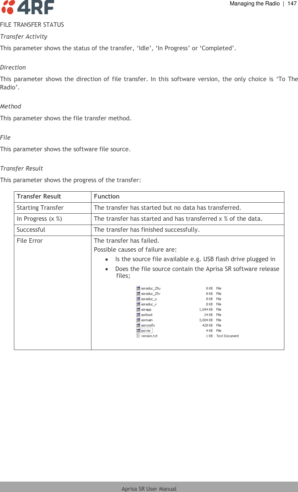  Managing the Radio  |  147  Aprisa SR User Manual  FILE TRANSFER STATUS Transfer Activity This parameter shows the status of the transfer, ‘Idle’, ‘In Progress’ or ‘Completed’.  Direction This parameter shows the direction of file transfer. In this software version, the only choice  is  ‘To  The Radio’.  Method This parameter shows the file transfer method.  File This parameter shows the software file source.  Transfer Result This parameter shows the progress of the transfer:  Transfer Result Function Starting Transfer The transfer has started but no data has transferred. In Progress (x %) The transfer has started and has transferred x % of the data. Successful The transfer has finished successfully. File Error The transfer has failed. Possible causes of failure are:  Is the source file available e.g. USB flash drive plugged in  Does the file source contain the Aprisa SR software release files;     