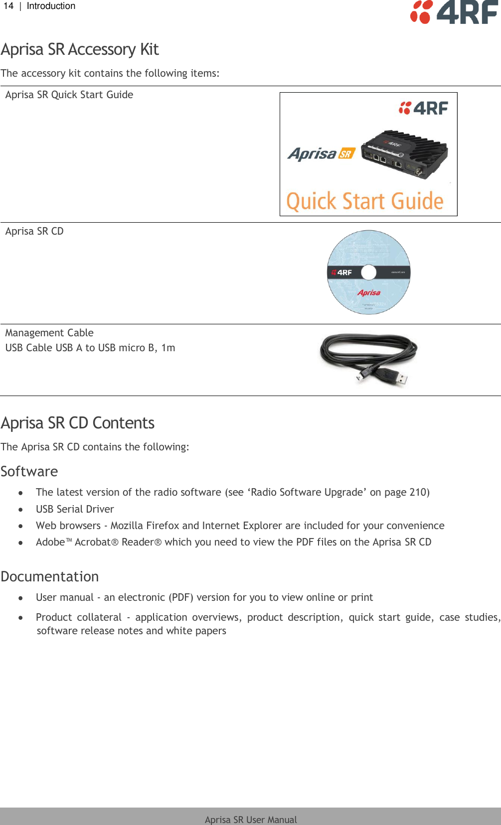 14  |  Introduction   Aprisa SR User Manual  Aprisa SR Accessory Kit The accessory kit contains the following items: Aprisa SR Quick Start Guide  Aprisa SR CD  Management Cable USB Cable USB A to USB micro B, 1m   Aprisa SR CD Contents The Aprisa SR CD contains the following: Software  The latest version of the radio software (see ‘Radio Software Upgrade’ on page 210)  USB Serial Driver  Web browsers - Mozilla Firefox and Internet Explorer are included for your convenience  Adobe™ Acrobat® Reader® which you need to view the PDF files on the Aprisa SR CD  Documentation  User manual - an electronic (PDF) version for you to view online or print  Product  collateral  -  application  overviews,  product  description,  quick  start  guide,  case  studies, software release notes and white papers   