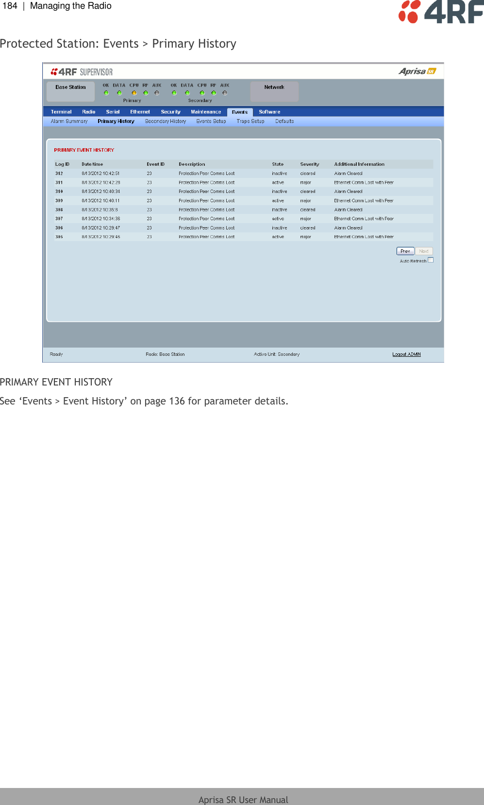 184  |  Managing the Radio   Aprisa SR User Manual  Protected Station: Events &gt; Primary History    PRIMARY EVENT HISTORY See ‘Events &gt; Event History’ on page 136 for parameter details.  