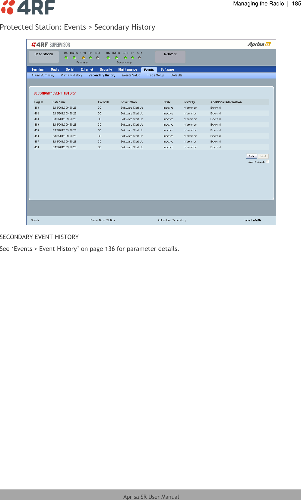  Managing the Radio  |  185  Aprisa SR User Manual  Protected Station: Events &gt; Secondary History    SECONDARY EVENT HISTORY See ‘Events &gt; Event History’ on page 136 for parameter details.  