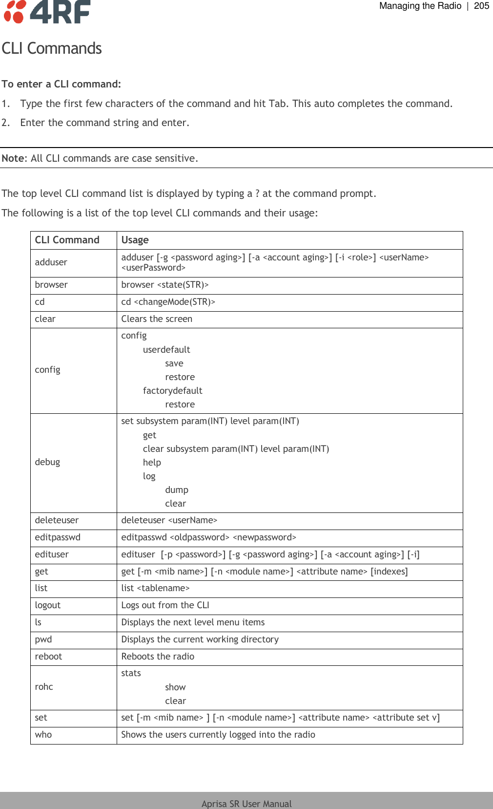  Managing the Radio  |  205  Aprisa SR User Manual  CLI Commands  To enter a CLI command: 1.  Type the first few characters of the command and hit Tab. This auto completes the command. 2.  Enter the command string and enter.  Note: All CLI commands are case sensitive.  The top level CLI command list is displayed by typing a ? at the command prompt. The following is a list of the top level CLI commands and their usage:  CLI Command Usage adduser adduser [-g &lt;password aging&gt;] [-a &lt;account aging&gt;] [-i &lt;role&gt;] &lt;userName&gt; &lt;userPassword&gt; browser browser &lt;state(STR)&gt; cd cd &lt;changeMode(STR)&gt; clear Clears the screen config config         userdefault                 save                 restore         factorydefault                 restore debug set subsystem param(INT) level param(INT)         get         clear subsystem param(INT) level param(INT)         help         log                 dump                 clear deleteuser deleteuser &lt;userName&gt; editpasswd editpasswd &lt;oldpassword&gt; &lt;newpassword&gt; edituser edituser  [-p &lt;password&gt;] [-g &lt;password aging&gt;] [-a &lt;account aging&gt;] [-i] get get [-m &lt;mib name&gt;] [-n &lt;module name&gt;] &lt;attribute name&gt; [indexes] list list &lt;tablename&gt; logout Logs out from the CLI ls Displays the next level menu items pwd Displays the current working directory reboot Reboots the radio rohc stats                 show                 clear set set [-m &lt;mib name&gt; ] [-n &lt;module name&gt;] &lt;attribute name&gt; &lt;attribute set v] who Shows the users currently logged into the radio  