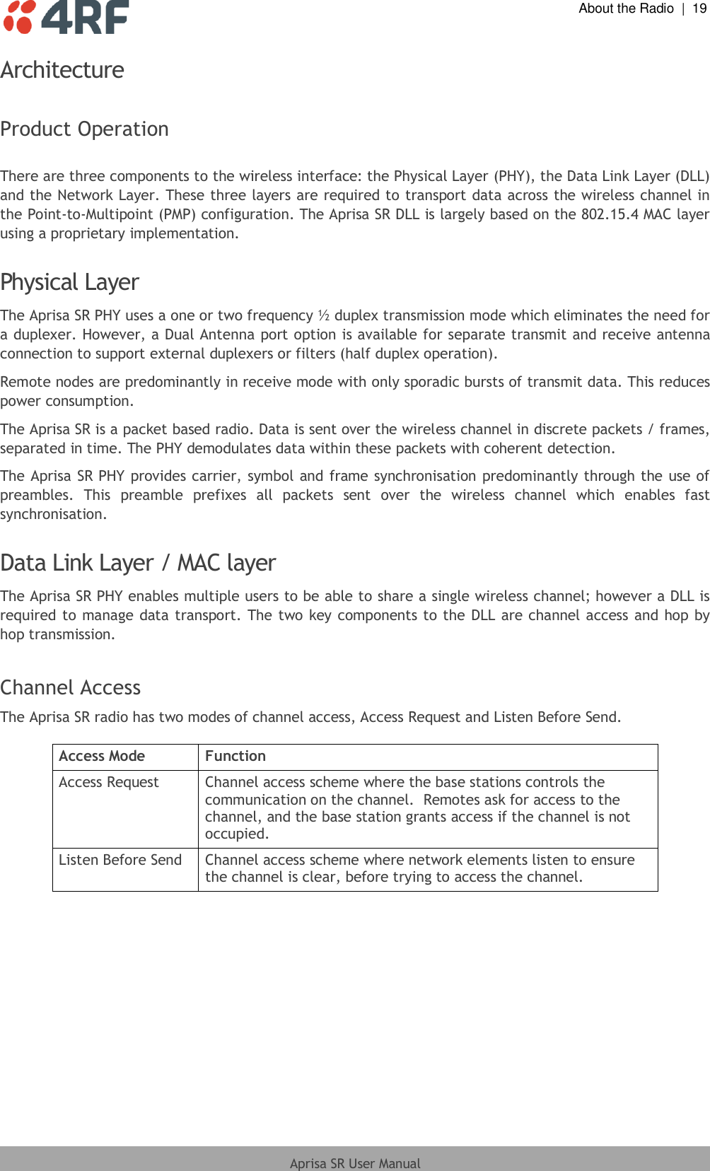  About the Radio  |  19  Aprisa SR User Manual  Architecture  Product Operation  There are three components to the wireless interface: the Physical Layer (PHY), the Data Link Layer (DLL) and the Network Layer. These three layers are required to transport data across the wireless channel in the Point-to-Multipoint (PMP) configuration. The Aprisa SR DLL is largely based on the 802.15.4 MAC layer using a proprietary implementation.  Physical Layer The Aprisa SR PHY uses a one or two frequency ½ duplex transmission mode which eliminates the need for a duplexer. However, a Dual Antenna port option is available for separate transmit and receive antenna connection to support external duplexers or filters (half duplex operation). Remote nodes are predominantly in receive mode with only sporadic bursts of transmit data. This reduces power consumption. The Aprisa SR is a packet based radio. Data is sent over the wireless channel in discrete packets / frames, separated in time. The PHY demodulates data within these packets with coherent detection. The Aprisa SR PHY provides carrier, symbol and frame synchronisation predominantly through the use of preambles.  This  preamble  prefixes  all  packets  sent  over  the  wireless  channel  which  enables  fast synchronisation.  Data Link Layer / MAC layer The Aprisa SR PHY enables multiple users to be able to share a single wireless channel; however a DLL is required to manage data transport. The two key components to the DLL are channel access and hop by hop transmission.  Channel Access The Aprisa SR radio has two modes of channel access, Access Request and Listen Before Send.  Access Mode Function Access Request Channel access scheme where the base stations controls the communication on the channel.  Remotes ask for access to the channel, and the base station grants access if the channel is not occupied. Listen Before Send Channel access scheme where network elements listen to ensure the channel is clear, before trying to access the channel.    