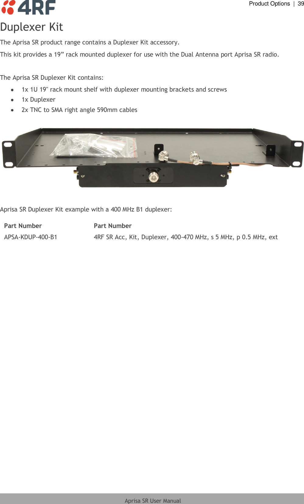  Product Options  |  39  Aprisa SR User Manual  Duplexer Kit The Aprisa SR product range contains a Duplexer Kit accessory. This kit provides a 19” rack mounted duplexer for use with the Dual Antenna port Aprisa SR radio.  The Aprisa SR Duplexer Kit contains:  1x 1U 19&quot; rack mount shelf with duplexer mounting brackets and screws  1x Duplexer  2x TNC to SMA right angle 590mm cables    Aprisa SR Duplexer Kit example with a 400 MHz B1 duplexer:  Part Number Part Number APSA-KDUP-400-B1 4RF SR Acc, Kit, Duplexer, 400-470 MHz, s 5 MHz, p 0.5 MHz, ext   