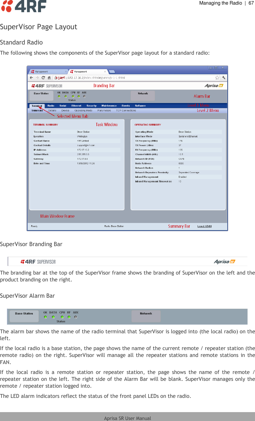  Managing the Radio  |  67  Aprisa SR User Manual  SuperVisor Page Layout  Standard Radio The following shows the components of the SuperVisor page layout for a standard radio:    SuperVisor Branding Bar   The branding bar at the top of the SuperVisor frame shows the branding of SuperVisor on the left and the product branding on the right.  SuperVisor Alarm Bar   The alarm bar shows the name of the radio terminal that SuperVisor is logged into (the local radio) on the left. If the local radio is a base station, the page shows the name of the current remote / repeater station (the remote radio) on the right.  SuperVisor  will manage all the  repeater stations and  remote stations in the FAN. If  the  local  radio  is  a  remote  station  or  repeater  station,  the  page  shows  the  name  of  the  remote  / repeater station on the left. The right side of the Alarm Bar will be blank. SuperVisor manages only the remote / repeater station logged into. The LED alarm indicators reflect the status of the front panel LEDs on the radio. 