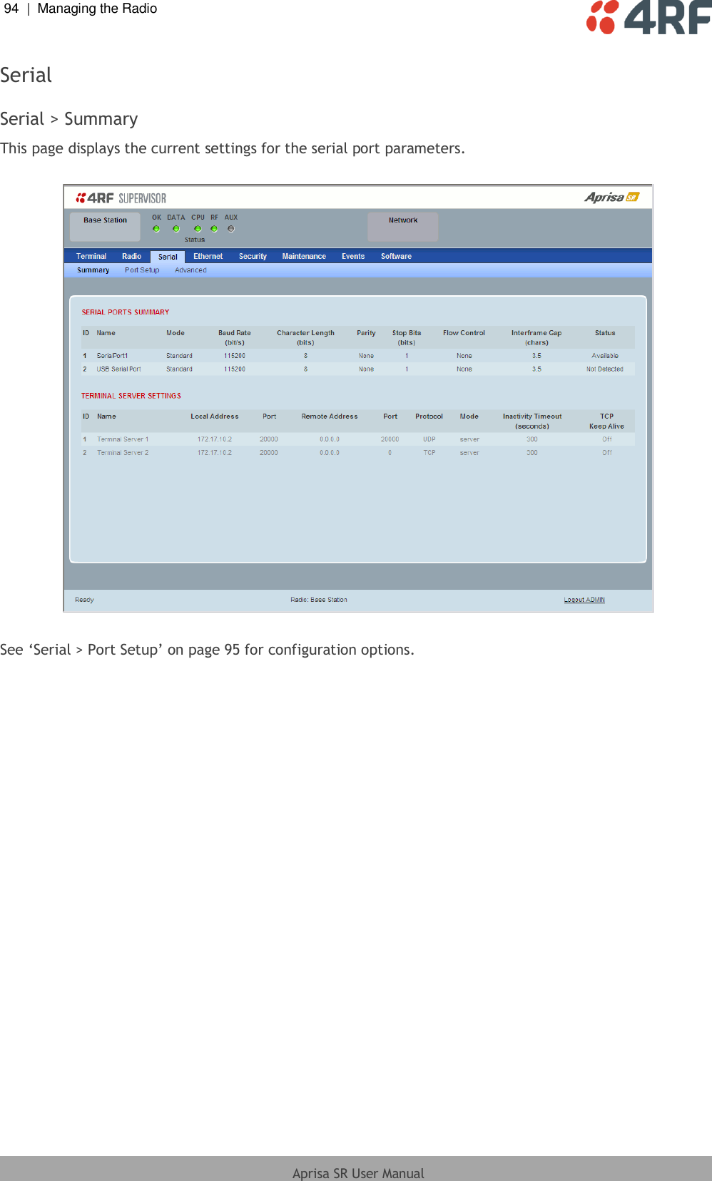 94  |  Managing the Radio   Aprisa SR User Manual  Serial  Serial &gt; Summary This page displays the current settings for the serial port parameters.    See ‘Serial &gt; Port Setup’ on page 95 for configuration options. 