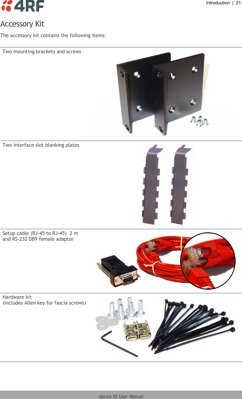  Introduction  |  21  Aprisa XE User Manual  Accessory Kit The accessory kit contains the following items:  Two mounting brackets and screws  Two interface slot blanking plates  Setup cable (RJ-45 to RJ-45)  2 m and RS-232 DB9 female adaptor  Hardware kit (includes Allen key for fascia screws)  