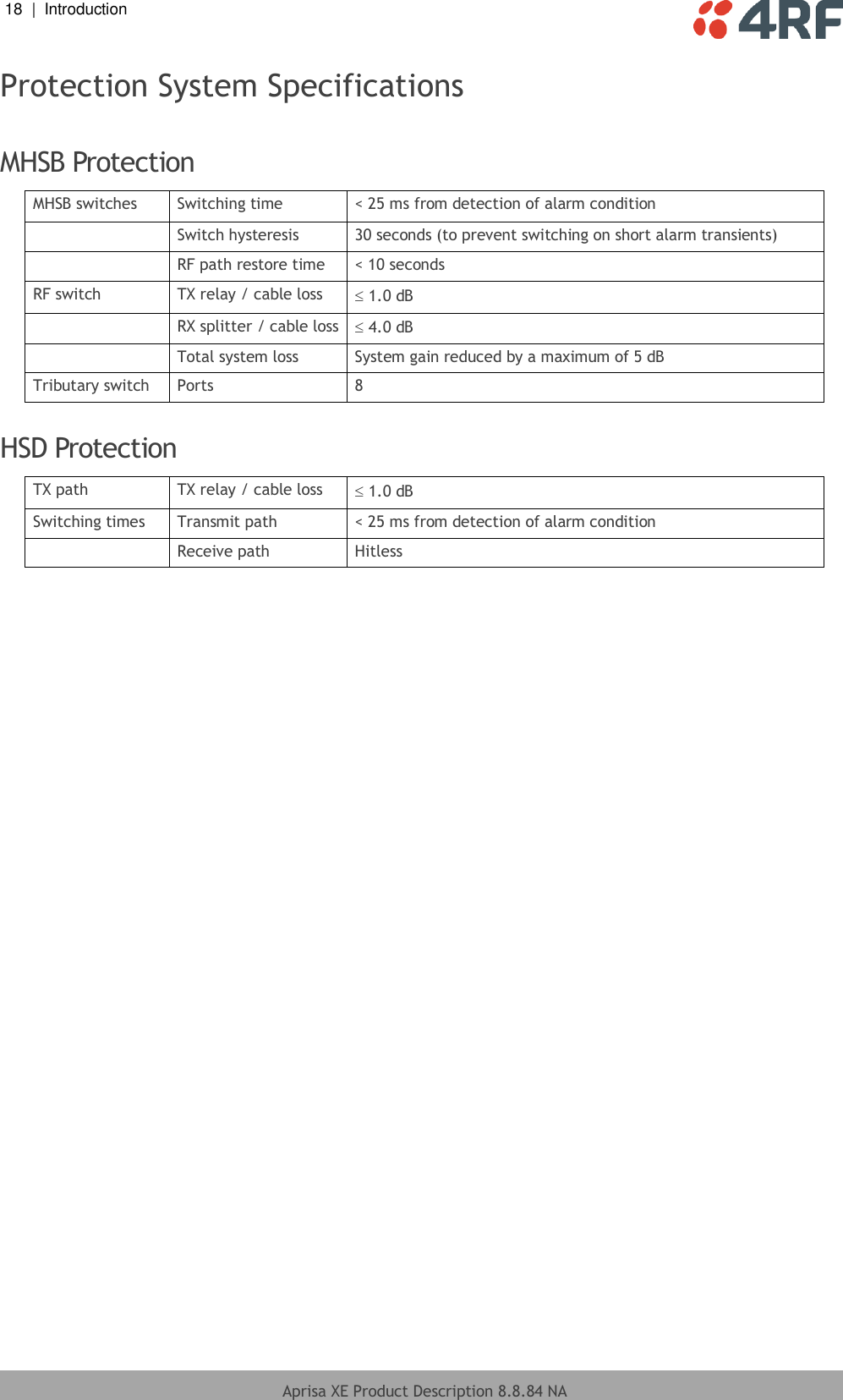 18  |  Introduction   Aprisa XE Product Description 8.8.84 NA  Protection System Specifications  MHSB Protection MHSB switches Switching time &lt; 25 ms from detection of alarm condition  Switch hysteresis 30 seconds (to prevent switching on short alarm transients)  RF path restore time &lt; 10 seconds RF switch TX relay / cable loss  1.0 dB  RX splitter / cable loss  4.0 dB  Total system loss System gain reduced by a maximum of 5 dB Tributary switch Ports 8  HSD Protection TX path TX relay / cable loss  1.0 dB Switching times Transmit path &lt; 25 ms from detection of alarm condition  Receive path Hitless  