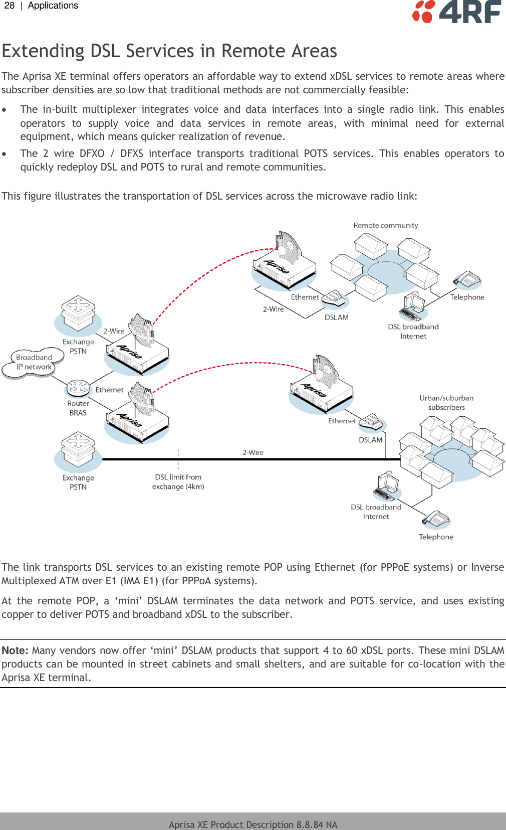 28  |  Applications   Aprisa XE Product Description 8.8.84 NA  Extending DSL Services in Remote Areas The Aprisa XE terminal offers operators an affordable way to extend xDSL services to remote areas where subscriber densities are so low that traditional methods are not commercially feasible:  The  in-built  multiplexer  integrates  voice  and  data  interfaces  into  a  single  radio  link.  This  enables operators  to  supply  voice  and  data  services  in  remote  areas,  with  minimal  need  for  external equipment, which means quicker realization of revenue.  The  2  wire  DFXO  /  DFXS  interface  transports  traditional  POTS  services.  This  enables  operators  to quickly redeploy DSL and POTS to rural and remote communities.   This figure illustrates the transportation of DSL services across the microwave radio link:    The link transports DSL services to an existing remote POP using Ethernet (for PPPoE systems) or Inverse Multiplexed ATM over E1 (IMA E1) (for PPPoA systems). At  the  remote  POP,  a  ‘mini’  DSLAM  terminates  the  data  network  and  POTS  service,  and  uses  existing copper to deliver POTS and broadband xDSL to the subscriber.  Note: Many vendors now offer ‘mini’ DSLAM products that support 4 to 60 xDSL ports. These mini DSLAM products can be mounted in street cabinets and small shelters, and are suitable for co-location with the Aprisa XE terminal. 