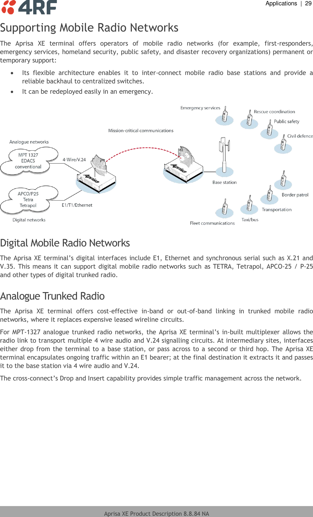  Applications  |  29  Aprisa XE Product Description 8.8.84 NA  Supporting Mobile Radio Networks The  Aprisa  XE  terminal  offers  operators  of  mobile  radio  networks  (for  example,  first-responders, emergency services, homeland security, public safety, and disaster recovery organizations) permanent or temporary support:  Its  flexible  architecture  enables  it  to  inter-connect  mobile  radio  base  stations  and  provide  a reliable backhaul to centralized switches.  It can be redeployed easily in an emergency.    Digital Mobile Radio Networks The Aprisa XE terminal’s digital interfaces include E1, Ethernet and synchronous serial such as X.21 and V.35. This means it can support digital mobile radio networks such as TETRA, Tetrapol, APCO-25 / P-25 and other types of digital trunked radio.  Analogue Trunked Radio The  Aprisa  XE  terminal  offers  cost-effective  in-band  or  out-of-band  linking  in  trunked  mobile  radio networks, where it replaces expensive leased wireline circuits. For MPT-1327 analogue trunked radio  networks, the Aprisa XE terminal’s in-built multiplexer allows the radio link to transport multiple 4 wire audio and V.24 signalling circuits. At intermediary sites, interfaces either drop from the terminal to a base station, or pass across to a second or third hop. The Aprisa XE terminal encapsulates ongoing traffic within an E1 bearer; at the final destination it extracts it and passes it to the base station via 4 wire audio and V.24. The cross-connect’s Drop and Insert capability provides simple traffic management across the network.  