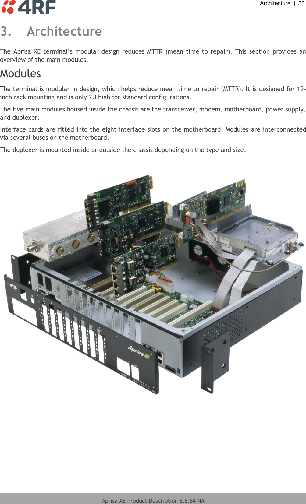  Architecture  |  33  Aprisa XE Product Description 8.8.84 NA  3. Architecture The  Aprisa XE  terminal’s modular design  reduces MTTR (mean time to  repair). This  section provides  an overview of the main modules. Modules The terminal is modular in design, which helps reduce mean time to repair (MTTR). It is designed for 19-inch rack mounting and is only 2U high for standard configurations. The five main modules housed inside the chassis are the transceiver, modem, motherboard, power supply, and duplexer. Interface cards are fitted into the eight interface slots on the motherboard. Modules are interconnected via several buses on the motherboard. The duplexer is mounted inside or outside the chassis depending on the type and size.      