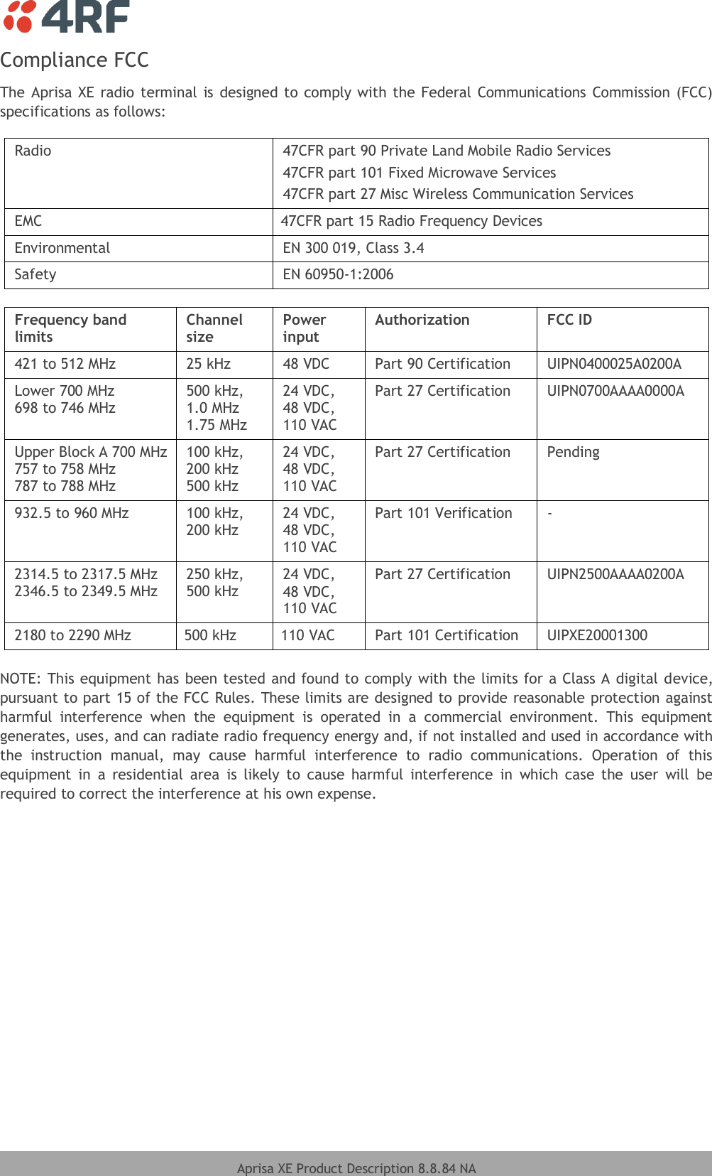    Aprisa XE Product Description 8.8.84 NA  Compliance FCC The Aprisa XE radio terminal is designed to comply with the Federal Communications Commission (FCC) specifications as follows:  Radio  47CFR part 90 Private Land Mobile Radio Services 47CFR part 101 Fixed Microwave Services 47CFR part 27 Misc Wireless Communication Services EMC 47CFR part 15 Radio Frequency Devices Environmental EN 300 019, Class 3.4 Safety EN 60950-1:2006   Frequency band limits Channel size Power input Authorization FCC ID 421 to 512 MHz 25 kHz 48 VDC Part 90 Certification UIPN0400025A0200A Lower 700 MHz 698 to 746 MHz 500 kHz, 1.0 MHz 1.75 MHz 24 VDC, 48 VDC, 110 VAC Part 27 Certification UIPN0700AAAA0000A Upper Block A 700 MHz 757 to 758 MHz 787 to 788 MHz 100 kHz, 200 kHz 500 kHz 24 VDC, 48 VDC, 110 VAC Part 27 Certification Pending 932.5 to 960 MHz 100 kHz, 200 kHz 24 VDC, 48 VDC, 110 VAC Part 101 Verification - 2314.5 to 2317.5 MHz 2346.5 to 2349.5 MHz 250 kHz, 500 kHz 24 VDC, 48 VDC, 110 VAC Part 27 Certification UIPN2500AAAA0200A 2180 to 2290 MHz 500 kHz 110 VAC Part 101 Certification UIPXE20001300  NOTE: This equipment has been tested and found to comply with the limits for a Class A digital device, pursuant to part 15 of the FCC Rules. These limits are designed to provide reasonable protection against harmful  interference  when  the  equipment  is  operated  in  a  commercial  environment.  This  equipment generates, uses, and can radiate radio frequency energy and, if not installed and used in accordance with the  instruction  manual,  may  cause  harmful  interference  to  radio  communications.  Operation  of  this equipment  in  a  residential  area  is  likely  to  cause  harmful  interference  in  which  case  the  user  will  be required to correct the interference at his own expense.   