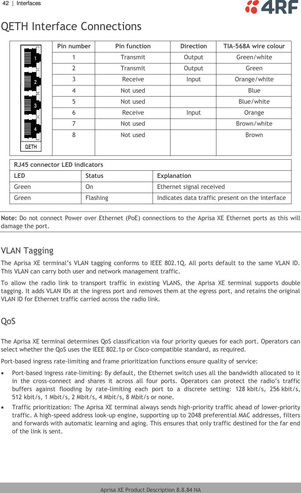 42  |  Interfaces   Aprisa XE Product Description 8.8.84 NA  QETH Interface Connections   Pin number Pin function Direction TIA-568A wire colour 1 Transmit Output Green/white 2 Transmit Output Green 3 Receive Input Orange/white 4 Not used  Blue 5 Not used  Blue/white 6 Receive Input Orange 7 Not used  Brown/white 8 Not used  Brown  RJ45 connector LED indicators LED Status Explanation Green On Ethernet signal received Green Flashing Indicates data traffic present on the interface  Note: Do not connect Power over Ethernet (PoE) connections to the Aprisa XE Ethernet ports as this will damage the port.  VLAN Tagging The Aprisa XE terminal’s VLAN tagging conforms to IEEE 802.1Q. All ports default to the same VLAN ID. This VLAN can carry both user and network management traffic. To  allow  the  radio  link  to  transport  traffic  in  existing  VLANS,  the  Aprisa  XE  terminal  supports  double tagging. It adds VLAN IDs at the ingress port and removes them at the egress port, and retains the original VLAN ID for Ethernet traffic carried across the radio link.  QoS  The Aprisa XE terminal determines QoS classification via four priority queues for each port. Operators can select whether the QoS uses the IEEE 802.1p or Cisco-compatible standard, as required. Port-based ingress rate-limiting and frame prioritization functions ensure quality of service:  Port-based ingress rate-limiting: By default, the Ethernet switch uses all the bandwidth allocated to it in  the  cross-connect  and  shares  it  across  all  four  ports.  Operators  can  protect  the  radio’s  traffic buffers  against  flooding  by  rate-limiting  each  port  to  a  discrete  setting:  128 kbit/s,  256 kbit/s, 512 kbit/s, 1 Mbit/s, 2 Mbit/s, 4 Mbit/s, 8 Mbit/s or none.  Traffic prioritization: The Aprisa XE terminal always sends high-priority traffic ahead of lower-priority traffic. A high-speed address look-up engine, supporting up to 2048 preferential MAC addresses, filters and forwards with automatic learning and aging. This ensures that only traffic destined for the far end of the link is sent.    