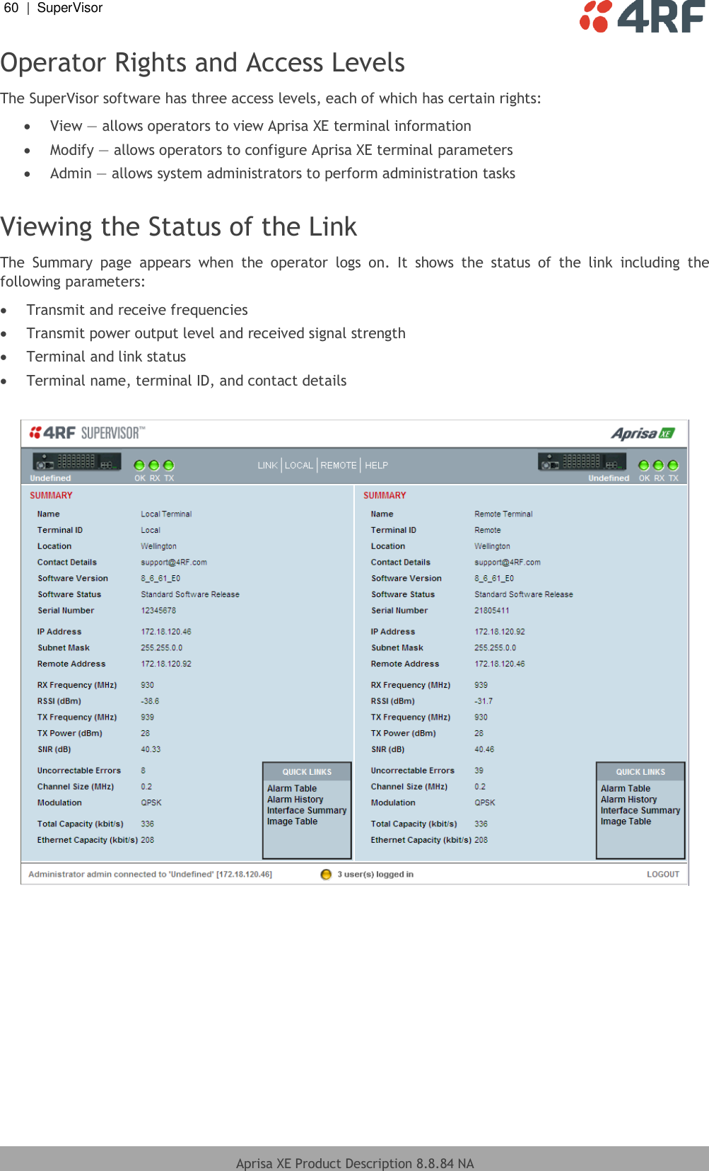 60  |  SuperVisor   Aprisa XE Product Description 8.8.84 NA  Operator Rights and Access Levels The SuperVisor software has three access levels, each of which has certain rights:  View — allows operators to view Aprisa XE terminal information  Modify — allows operators to configure Aprisa XE terminal parameters  Admin — allows system administrators to perform administration tasks  Viewing the Status of the Link The  Summary  page  appears  when  the  operator  logs  on.  It  shows  the  status  of  the  link  including  the following parameters:  Transmit and receive frequencies  Transmit power output level and received signal strength  Terminal and link status  Terminal name, terminal ID, and contact details   