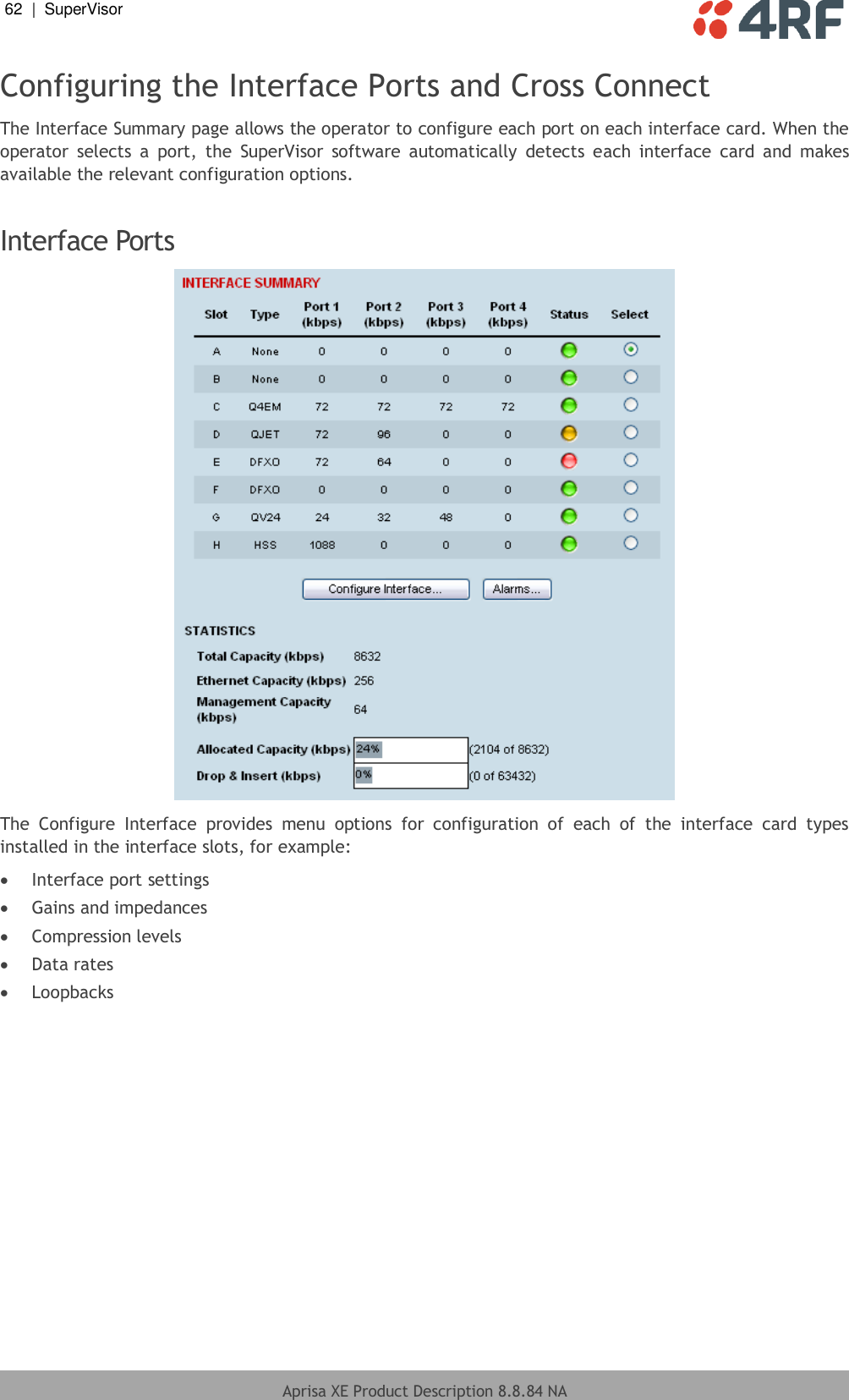 62  |  SuperVisor   Aprisa XE Product Description 8.8.84 NA  Configuring the Interface Ports and Cross Connect The Interface Summary page allows the operator to configure each port on each interface card. When the operator  selects  a  port,  the  SuperVisor  software  automatically  detects  each  interface  card  and  makes available the relevant configuration options.  Interface Ports  The  Configure  Interface  provides  menu  options  for  configuration  of  each  of  the  interface  card  types installed in the interface slots, for example:  Interface port settings  Gains and impedances  Compression levels  Data rates  Loopbacks 