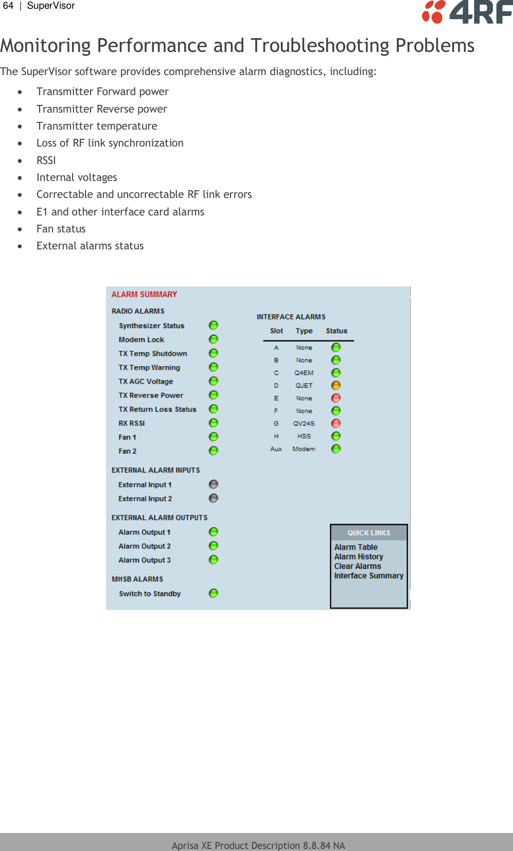 64  |  SuperVisor   Aprisa XE Product Description 8.8.84 NA  Monitoring Performance and Troubleshooting Problems The SuperVisor software provides comprehensive alarm diagnostics, including:  Transmitter Forward power  Transmitter Reverse power  Transmitter temperature  Loss of RF link synchronization  RSSI  Internal voltages  Correctable and uncorrectable RF link errors  E1 and other interface card alarms  Fan status  External alarms status    