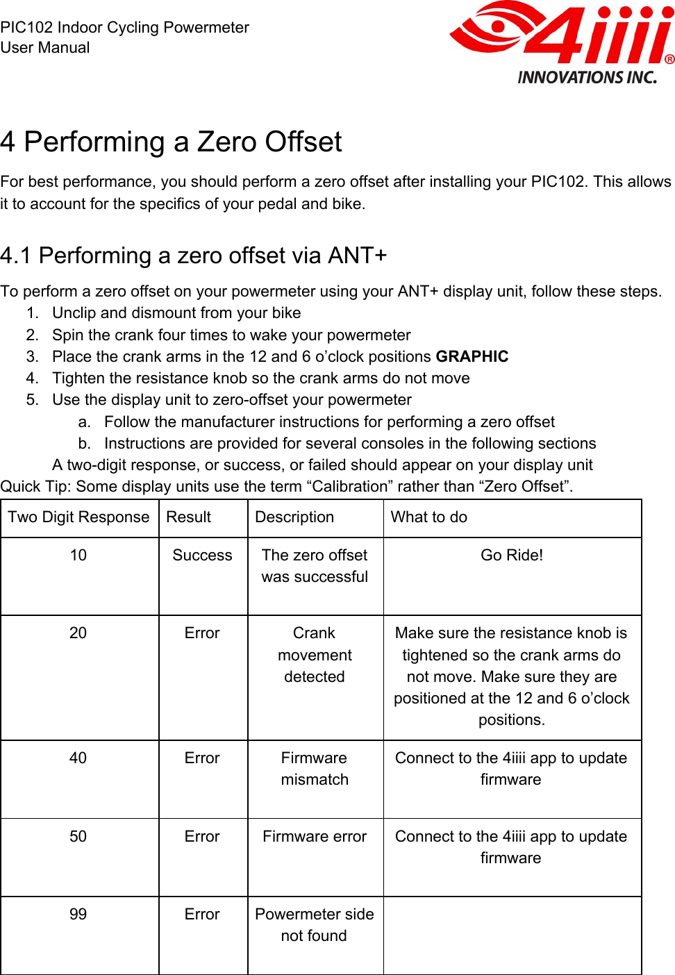  PIC102 Indoor Cycling Powermeter User Manual 4 Performing a Zero Offset For best performance, you should perform a zero offset after installing your PIC102. This allows it to account for the specifics of your pedal and bike. 4.1 Performing a zero offset via ANT+ To perform a zero offset on your powermeter using your ANT+ display unit, follow these steps. 1. Unclip and dismount from your bike 2. Spin the crank four times to wake your powermeter 3. Place the crank arms in the 12 and 6 o’clock positions GRAPHIC 4. Tighten the resistance knob so the crank arms do not move 5. Use the display unit to zero-offset your powermeter a. Follow the manufacturer instructions for performing a zero offset b. Instructions are provided for several consoles in the following sections A two-digit response, or success, or failed should appear on your display unit Quick Tip: Some display units use the term “Calibration” rather than “Zero Offset”. Two Digit Response Result Description What to do 10 Success The zero offset was successful Go Ride! 20 Error Crank movement detected Make sure the resistance knob is tightened so the crank arms do not move. Make sure they are positioned at the 12 and 6 o’clock positions. 40 Error Firmware mismatch Connect to the 4iiii app to update firmware 50 Error Firmware error Connect to the 4iiii app to update firmware 99 Error Powermeter side not found   